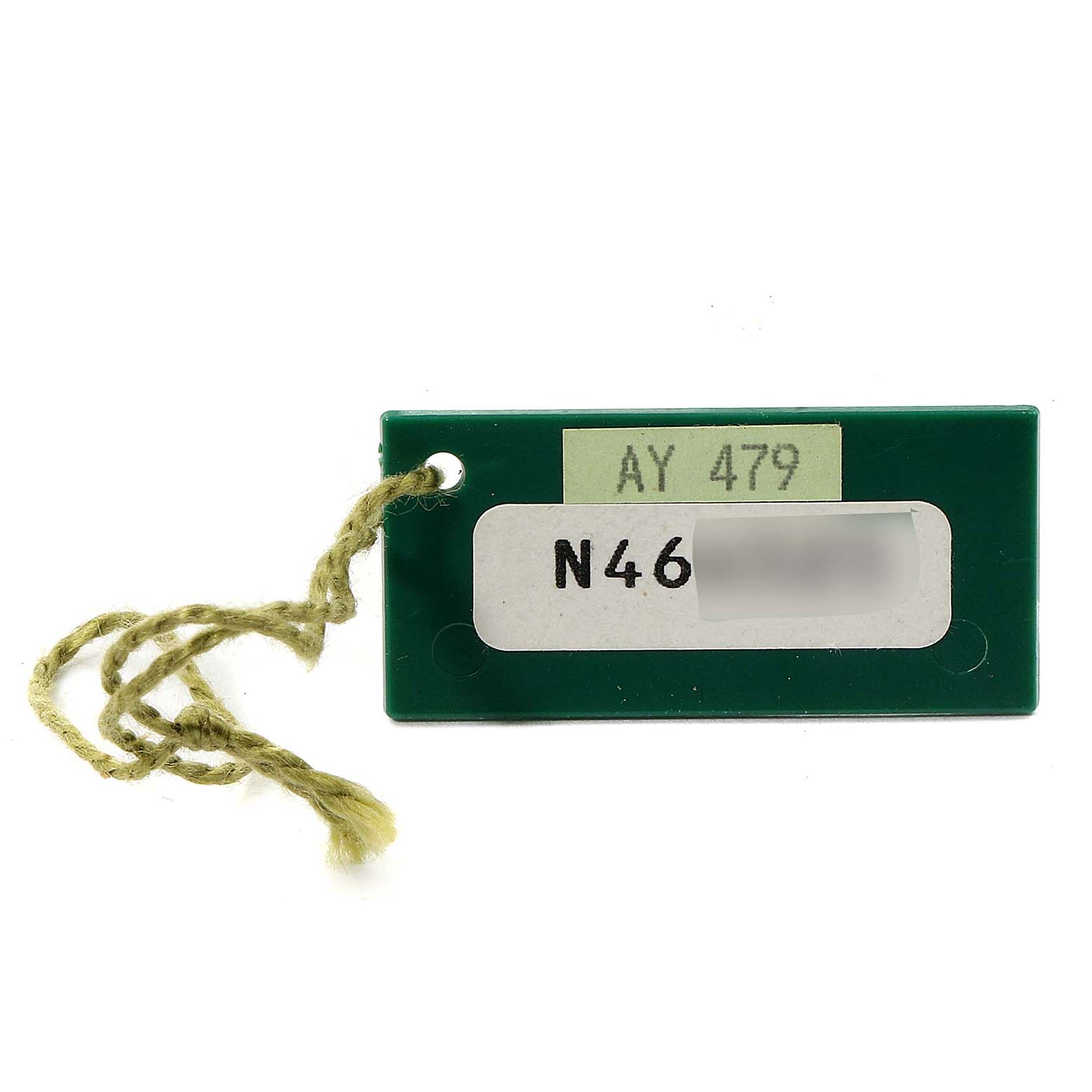 The image shows a green tag accessory with strings labeled "AY 479" for a Rolex Mid-Size 68274 Women's Stainless Steel Blue Dial 68274 Women's Stainless Steel Blue Dial model watch.