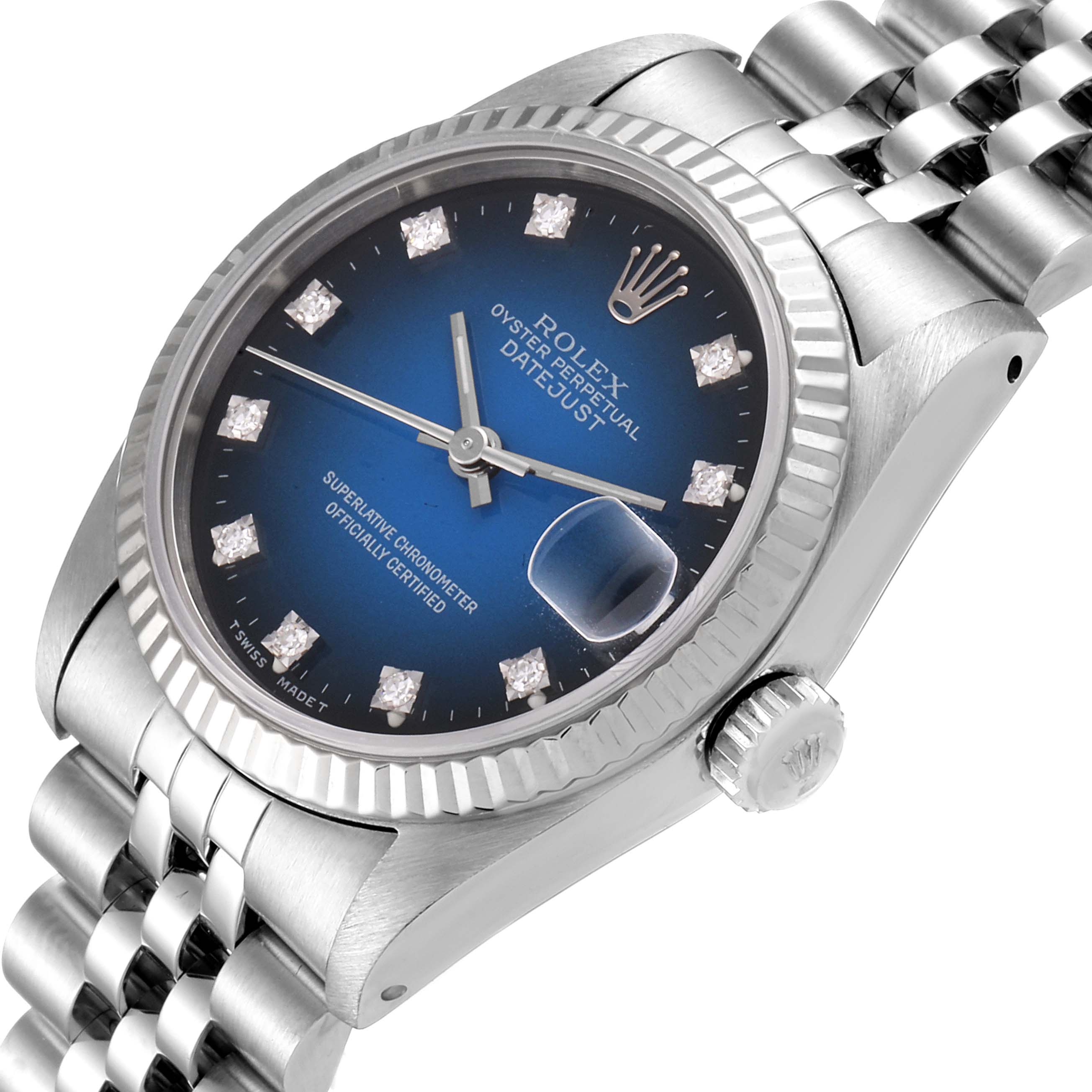 This image shows a Rolex Oyster Perpetual Datejust Mid-Size watch at an oblique angle, highlighting the face, bezel, and part of the bracelet.