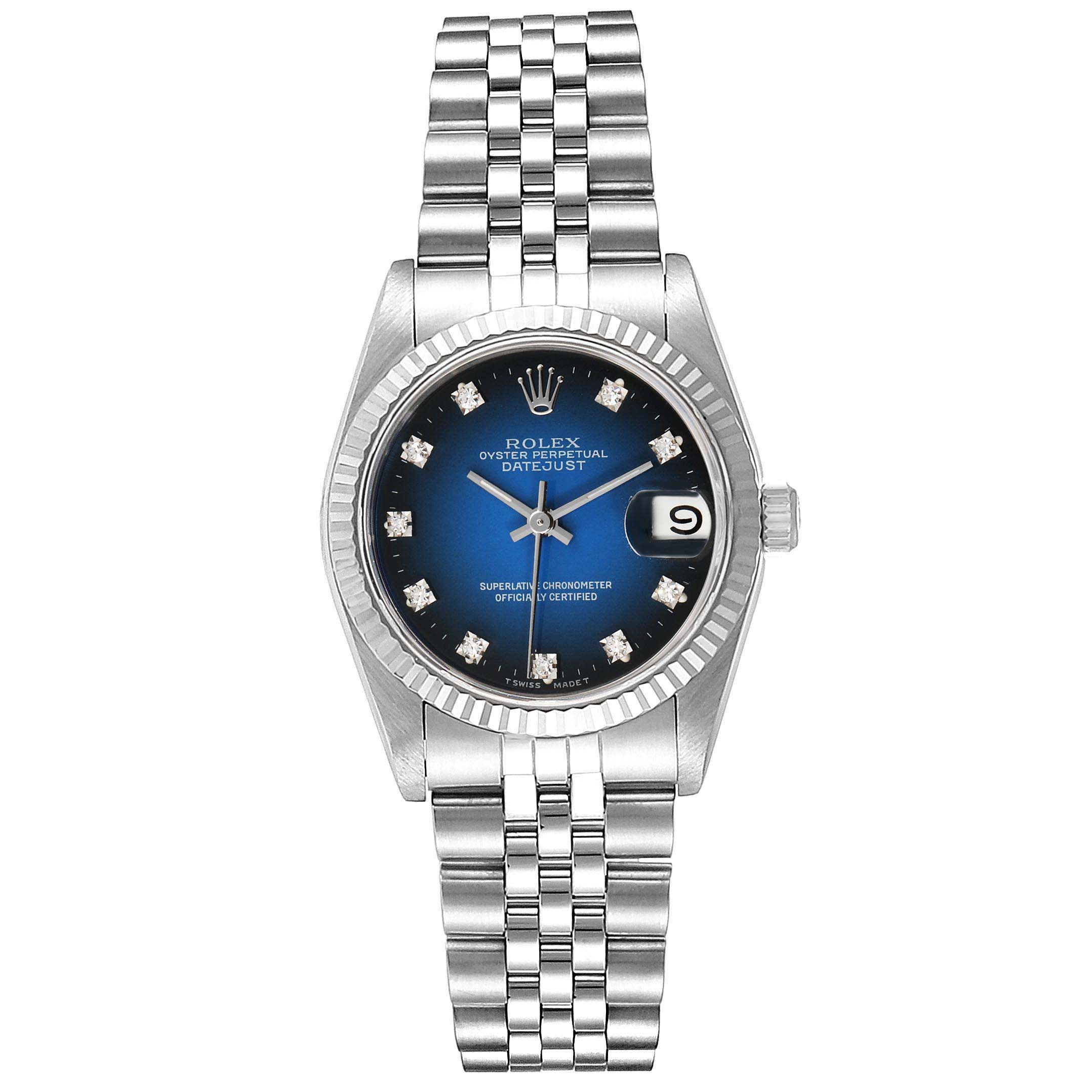 This image shows a front view of the Rolex Oyster Perpetual Datejust Mid-Size watch, highlighting its bracelet, dial, and bezel.