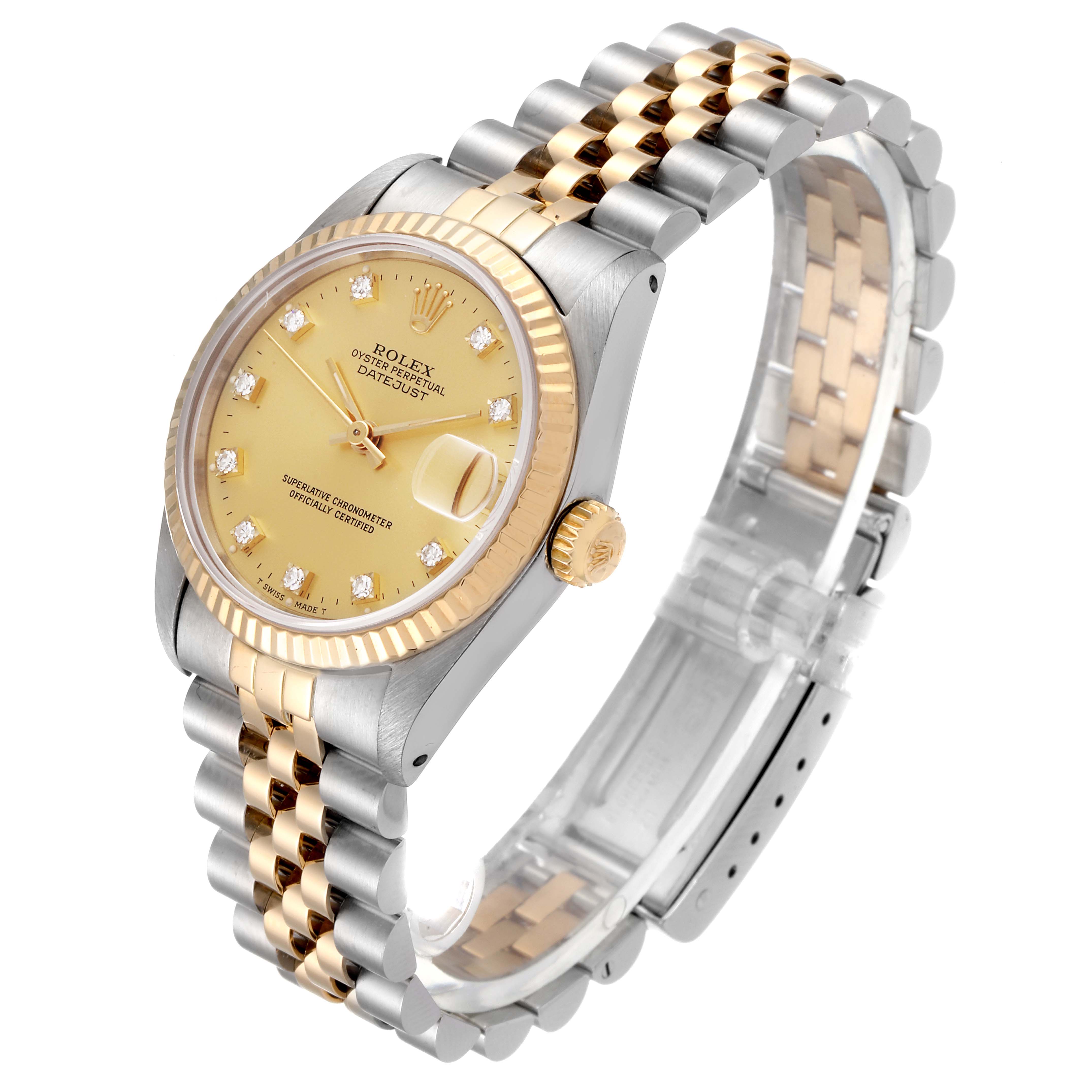 The image shows a Mid-Size Rolex watch at a three-quarter angle, displaying the face, bezel, crown, and Jubilee bracelet.