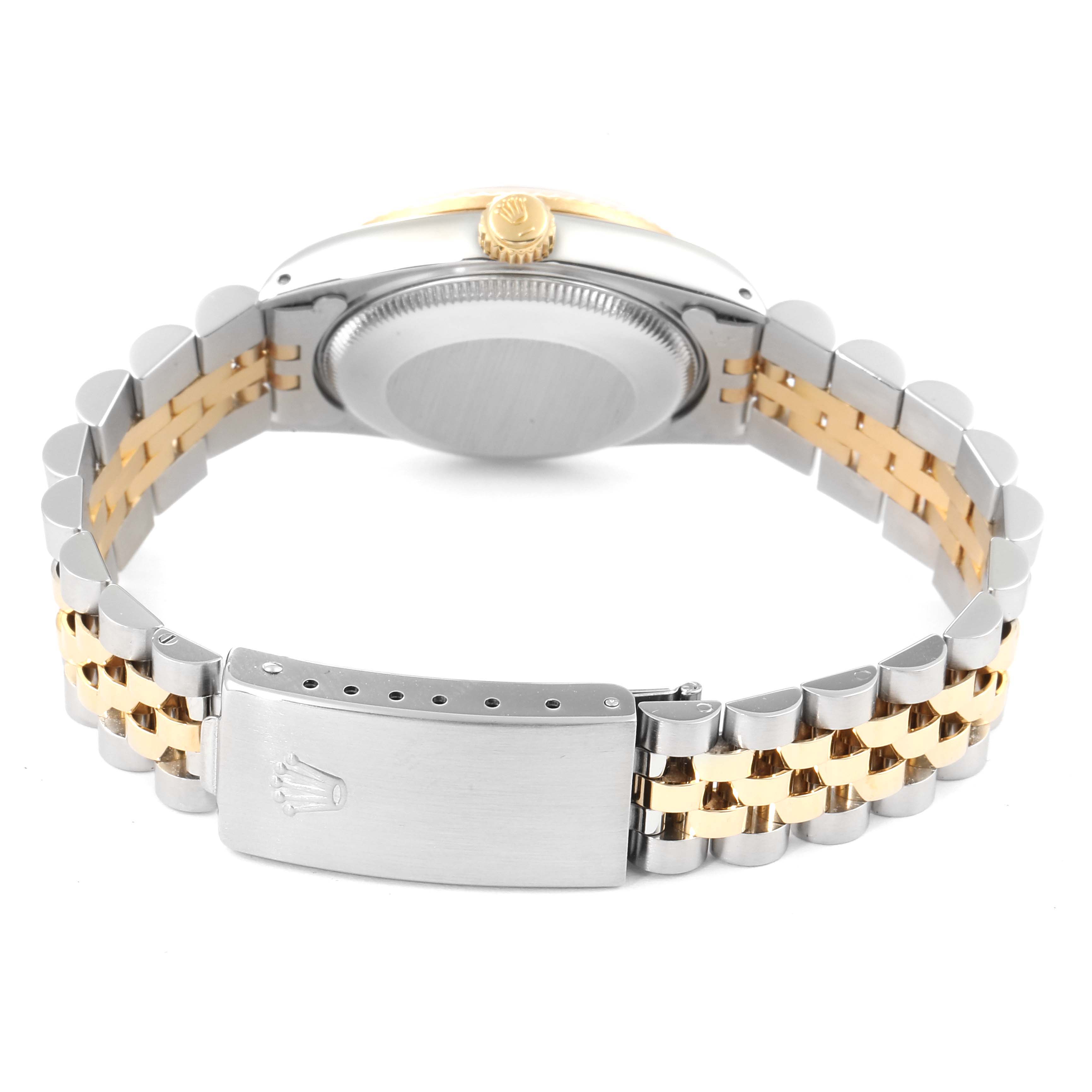 The image shows the back view of a Rolex Mid-Size 68273 Women's Steel and Gold (two tone) Champagne Dial 68273 Women's Steel and Gold (two tone) Champagne Dial watch, highlighting the case back and two-tone bracelet with a clasp.