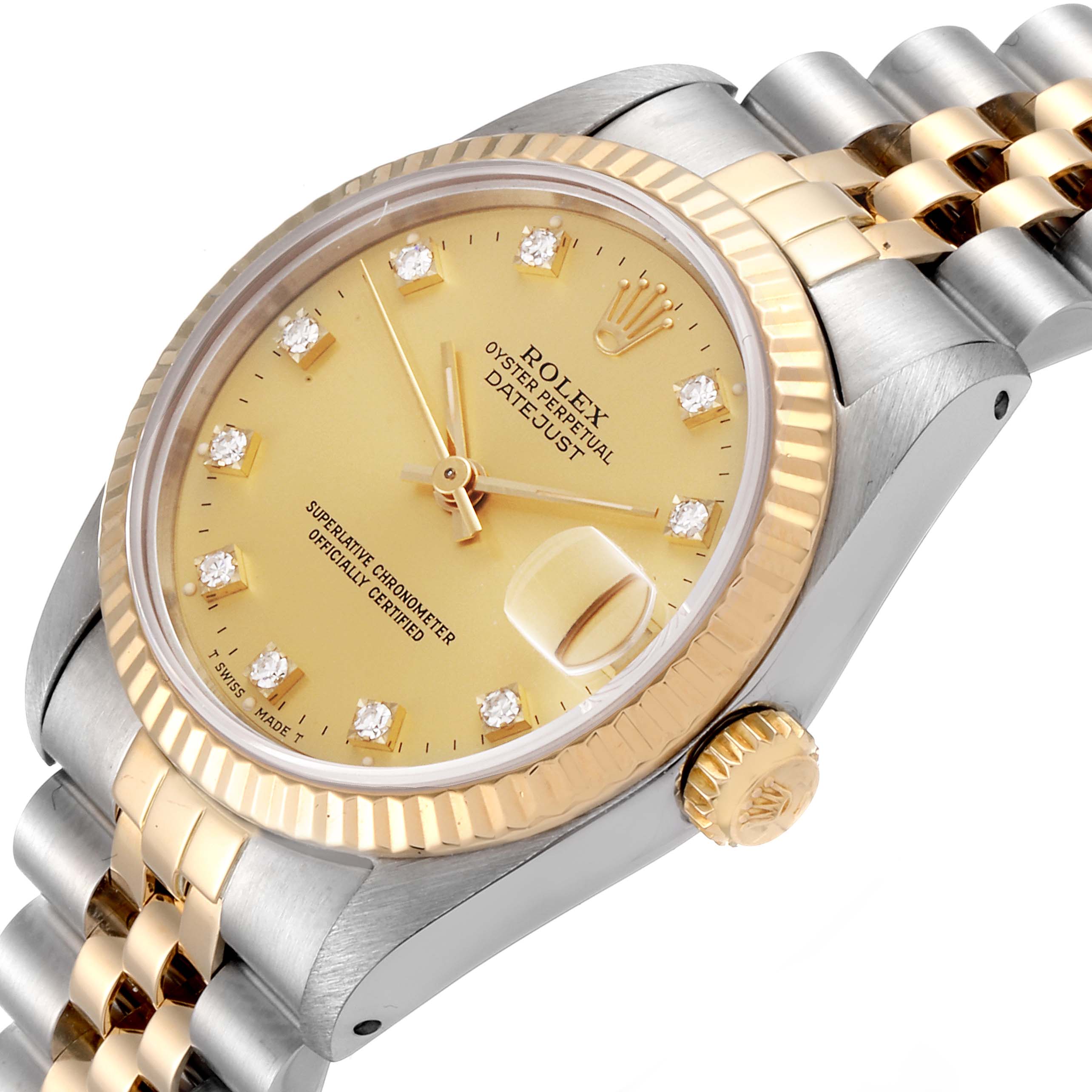 This image shows a Mid-Size Rolex Datejust watch from a slight side angle, highlighting the dial, crown, bezel, and part of the bracelet.