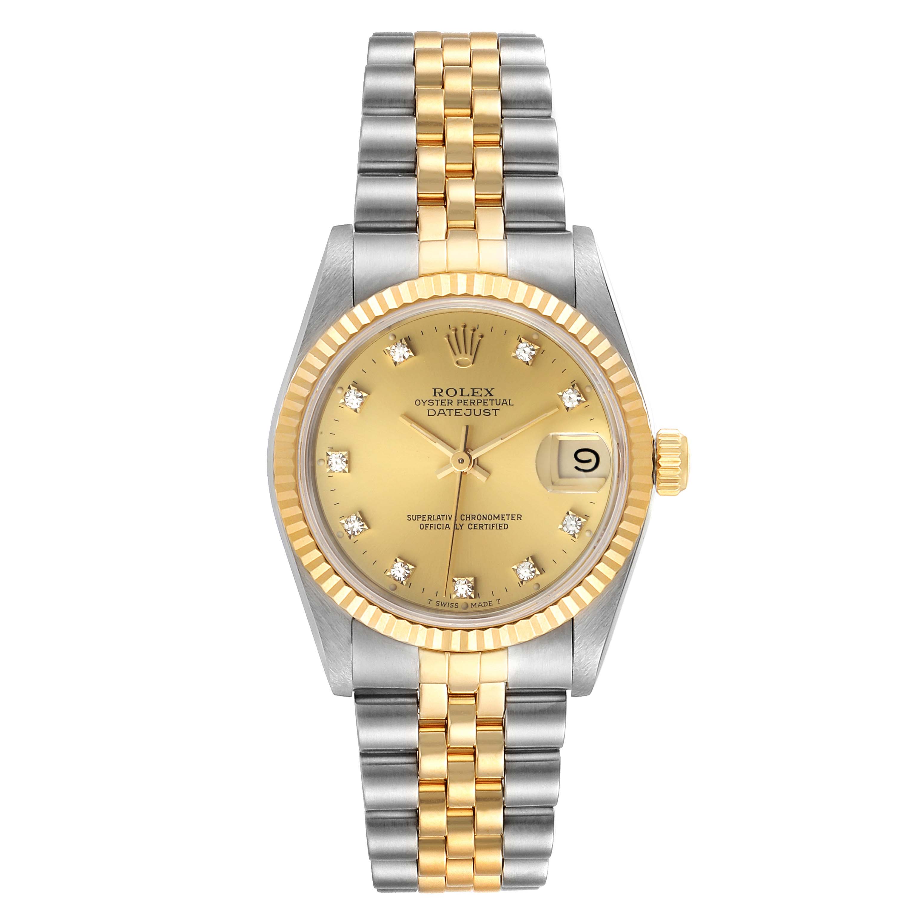 This image shows a front view of a Rolex Mid-Size 68273 Women's Steel and Gold (two tone) Champagne Dial 68273 Women's Steel and Gold (two tone) Champagne Dial Datejust watch with a two-tone Jubilee bracelet.
