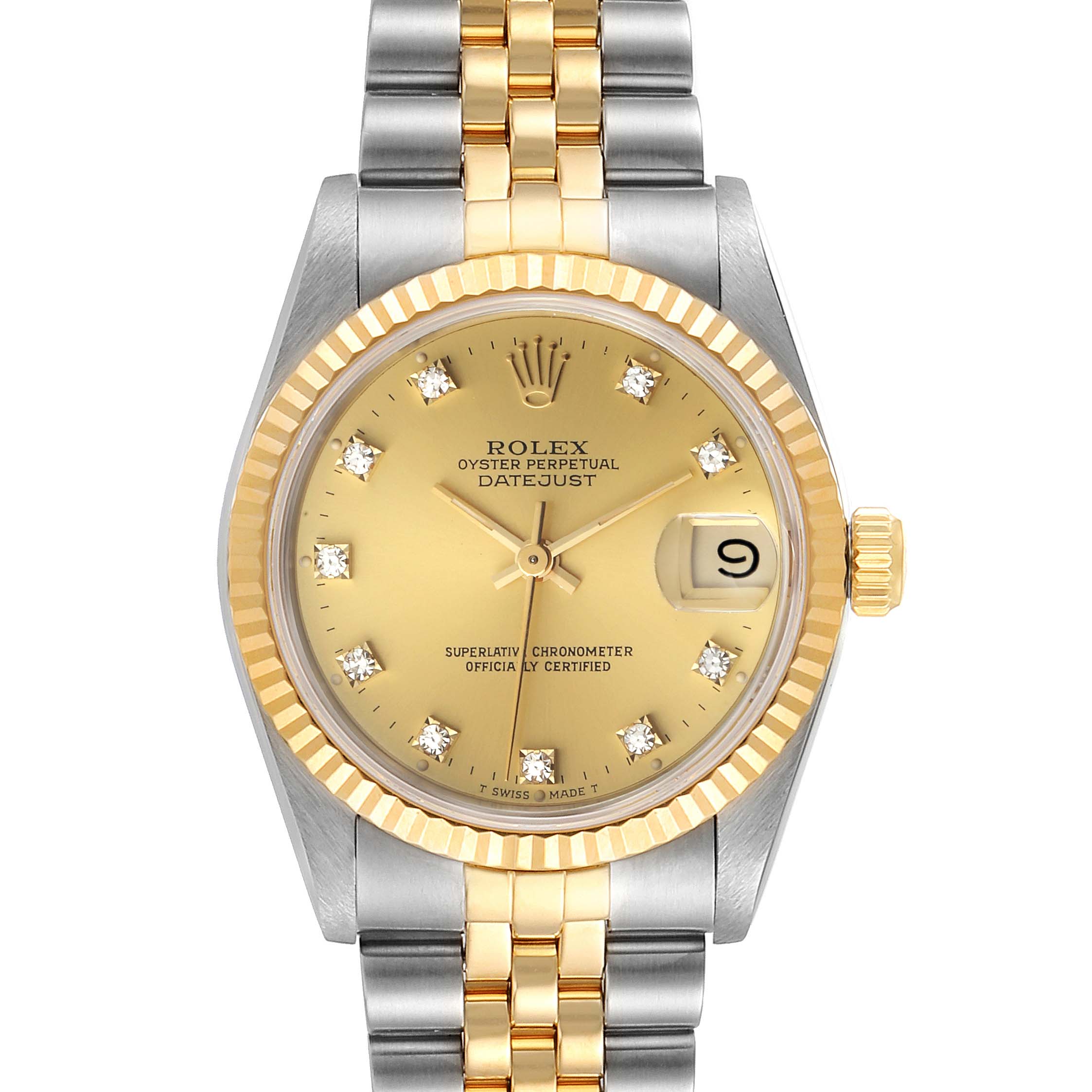 This image shows a frontal view of a Rolex Datejust Mid-Size watch with a gold dial and two-tone bracelet.