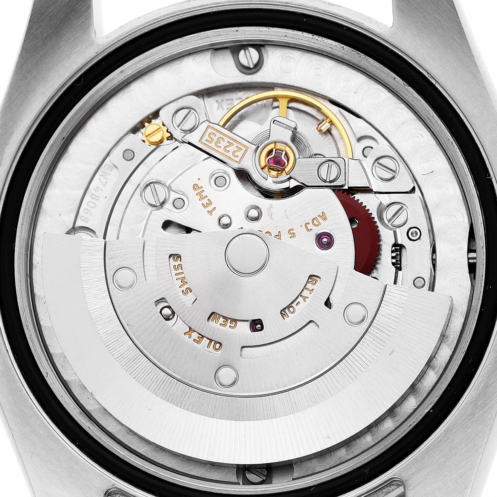 The image shows the back view of a Rolex Mid-Size 178383 Women's Steel and Gold (two tone) Mother of Pearl Dial watch, highlighting its intricate internal movement components.