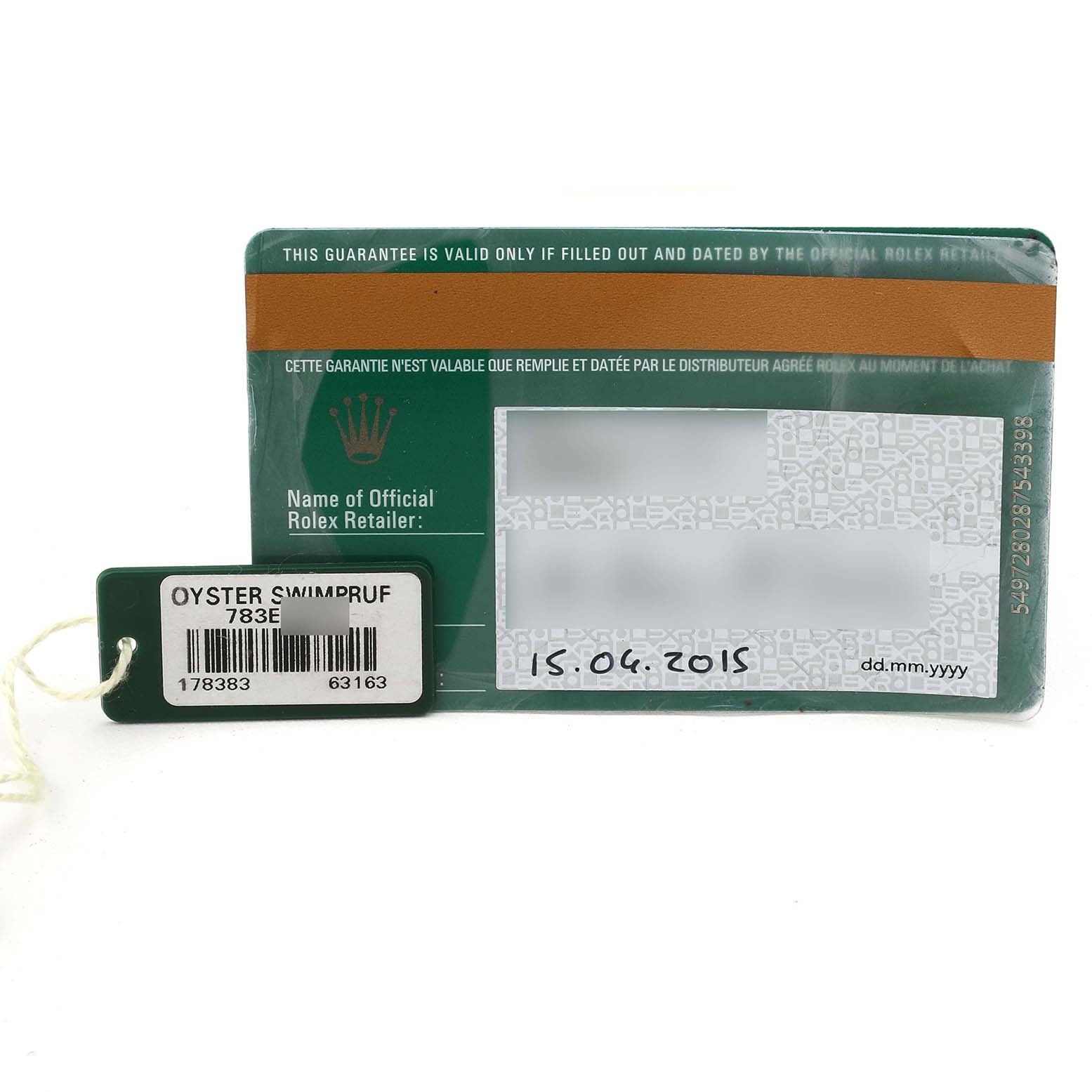 The image shows a Rolex warranty card and an Oyster Swimpruf tag with details, likely accessories for the Mid-Size model watch.