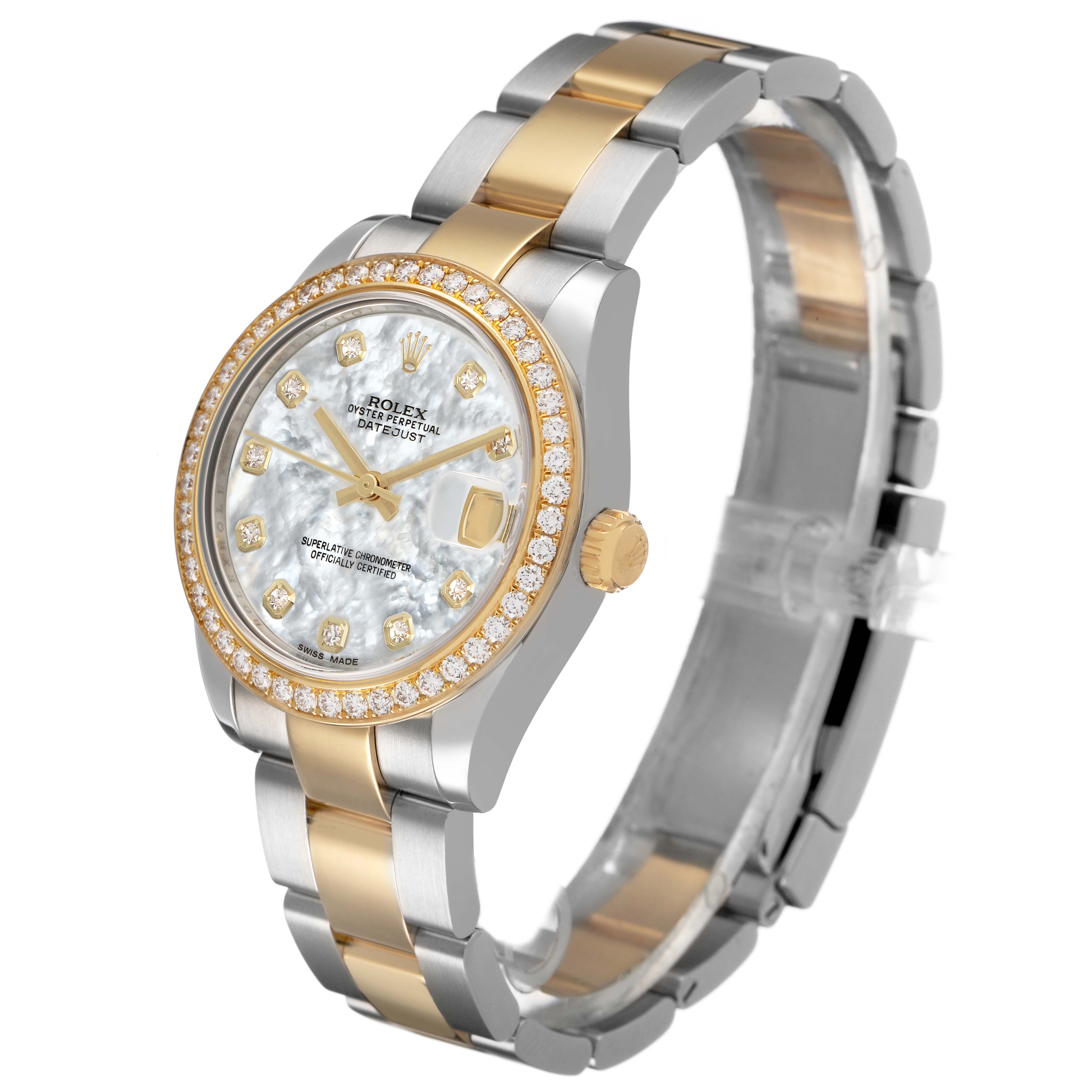 The Rolex Mid-Size 178383 Women's Steel and Gold (two tone) Mother of Pearl Dial watch is shown at a three-quarter angle, highlighting its gold and silver bracelet and jeweled bezel.