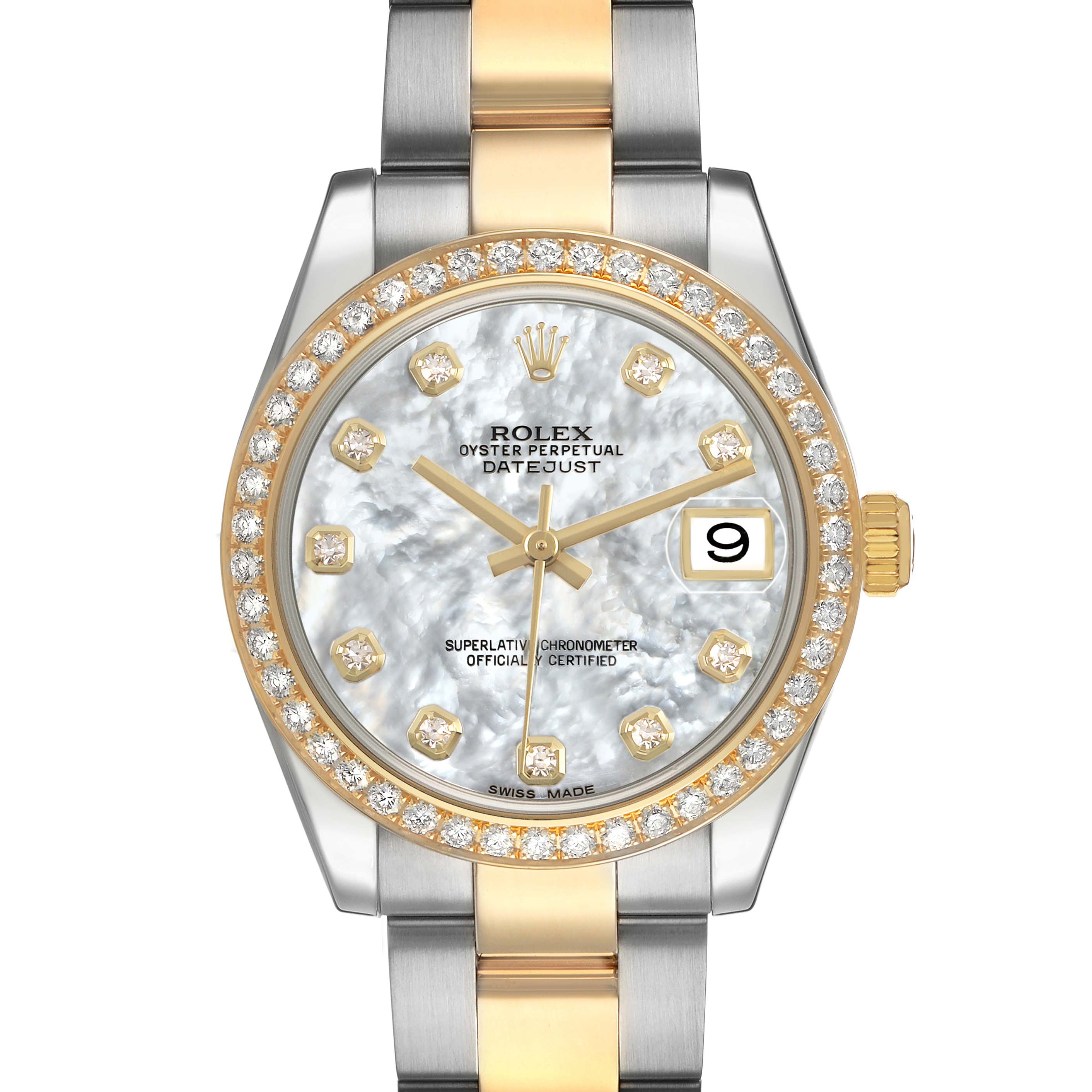 The Rolex Mid-Size 178383 Women's Steel and Gold (two tone) Mother of Pearl Dial watch is shown front-facing, highlighting the diamond bezel, mother-of-pearl dial, and two-tone bracelet.