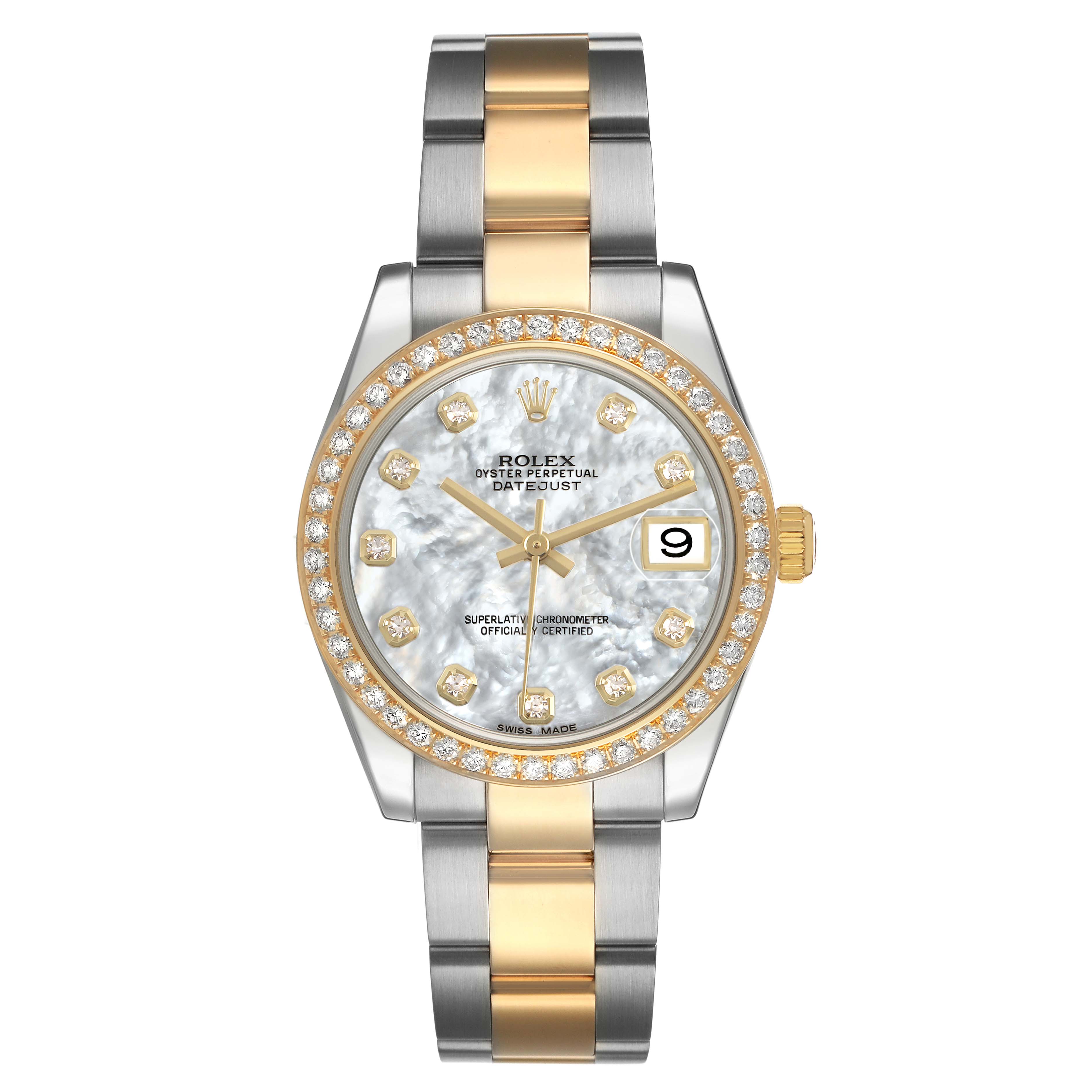 The Rolex Mid-Size 178383 Women's Steel and Gold (two tone) Mother of Pearl Dial watch is shown from a front angle displaying its face, dial, bezel, and bracelet.