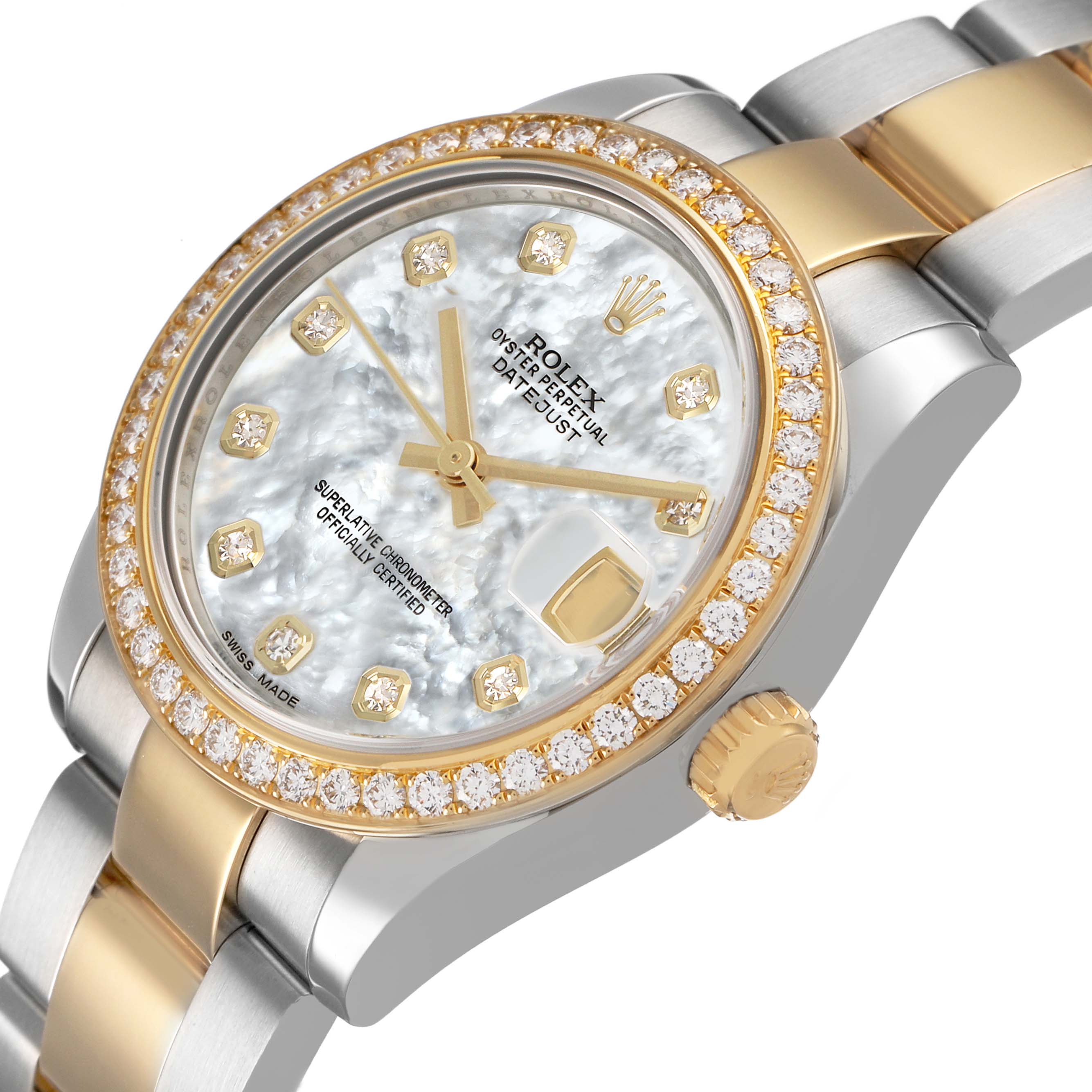The Rolex Mid-Size 178383 Women's Steel and Gold (two tone) Mother of Pearl Dial watch is shown at an oblique angle, highlighting the bezel, dial, crown, and bracelet details.