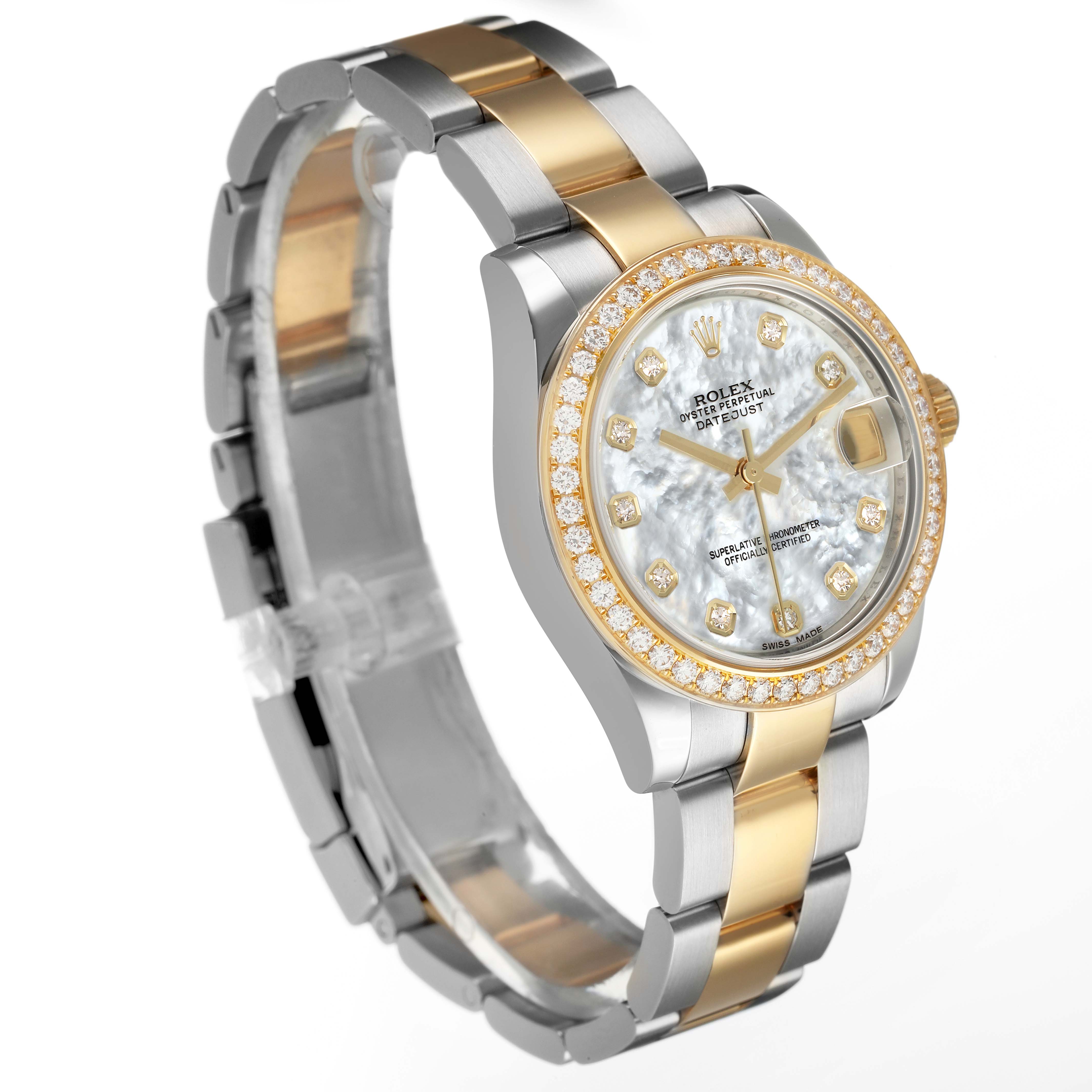The Rolex Mid-Size 178383 Women's Steel and Gold (two tone) Mother of Pearl Dial watch is shown at a three-quarter angle, highlighting its dial, bezel, and two-tone bracelet.