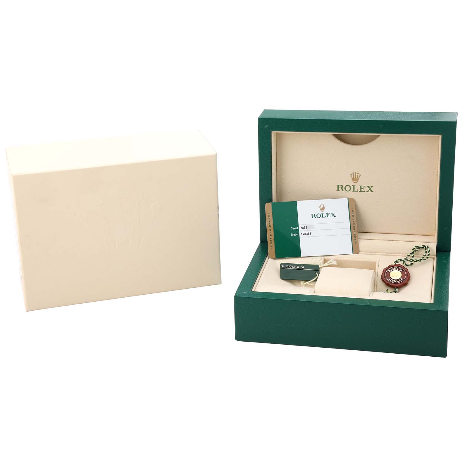 The image shows a Rolex Mid-Size 178383 Women's Steel and Gold (two tone) Mother of Pearl Dial watch box, open, revealing a card, tag, and space for the watch.