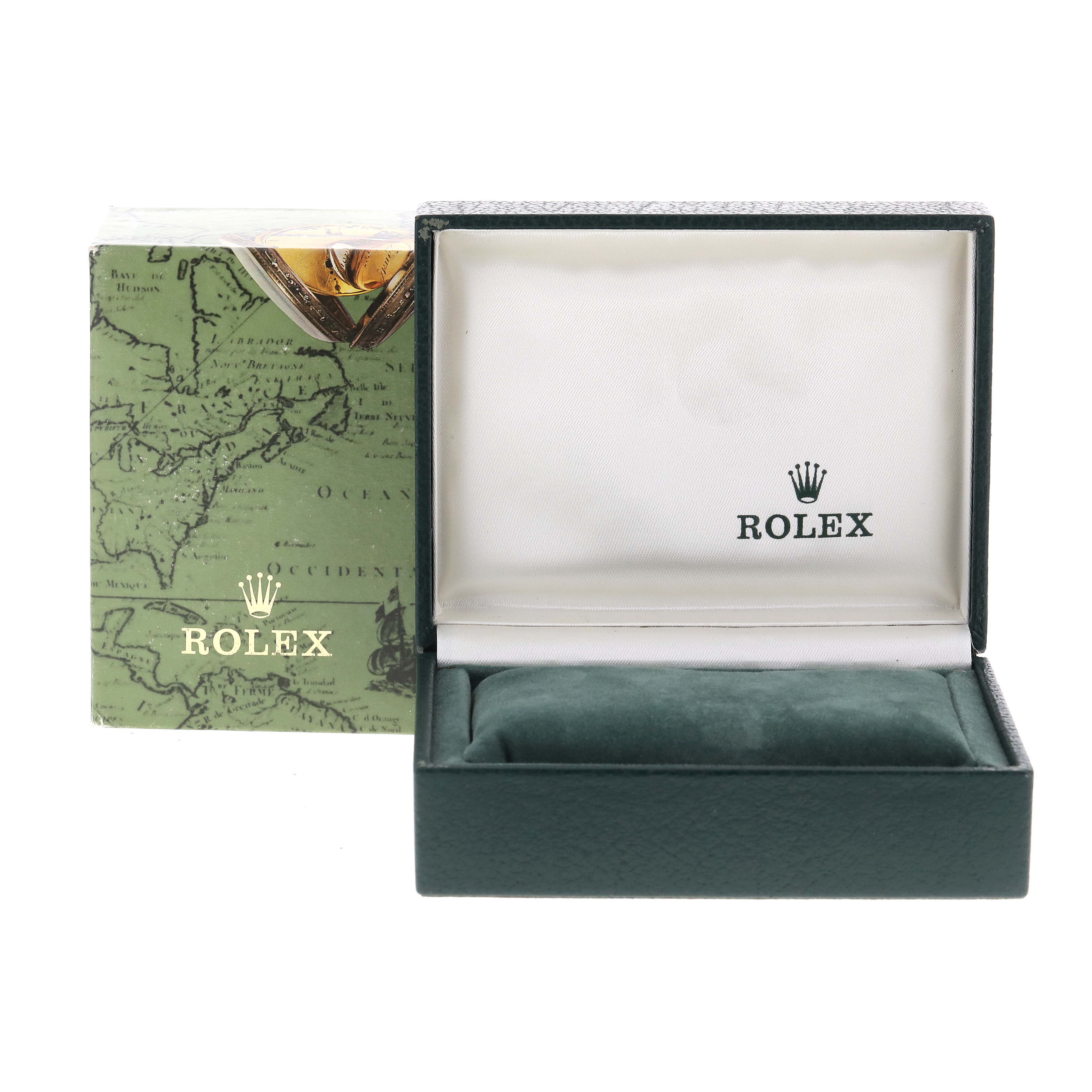 The image shows an empty Rolex watch box for a Mid-Size model, positioned open with the lid and interior exposed.