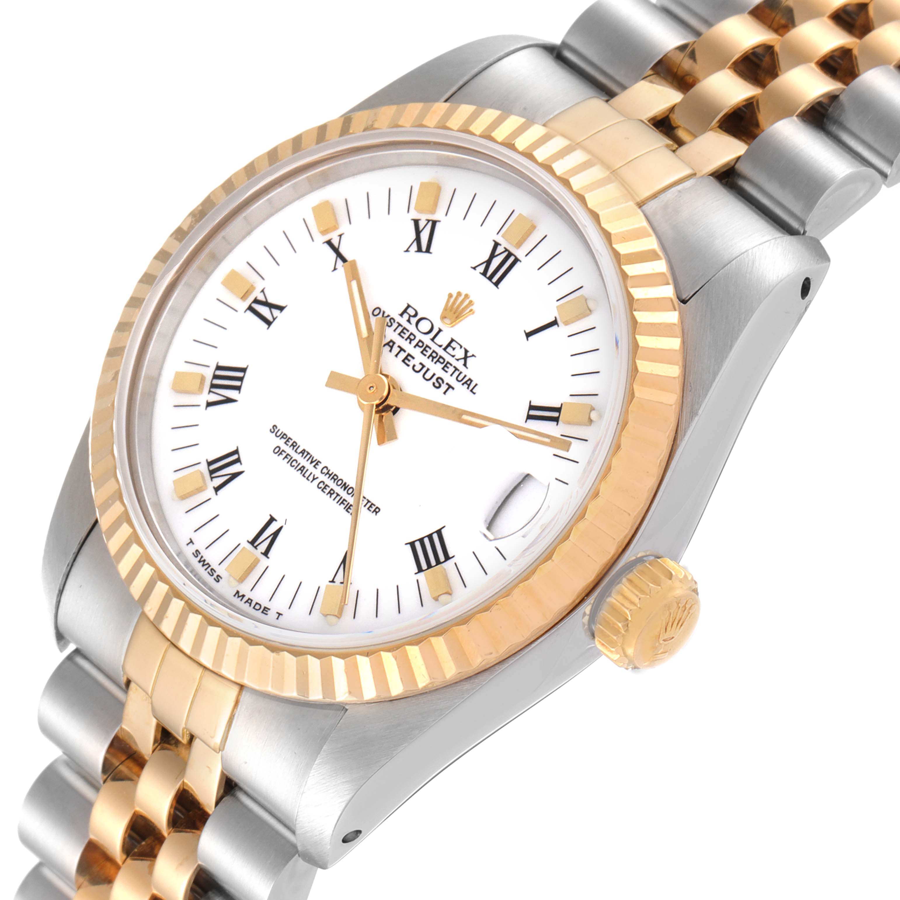 The image shows a close-up of a Rolex Mid-Size 68273 Women
s Steel and Gold (two tone) White Dial 68273 Women
s Steel and Gold (two tone) White Dial Datejust watch from an oblique angle, highlighting the case, dial, bezel, and bracelet.