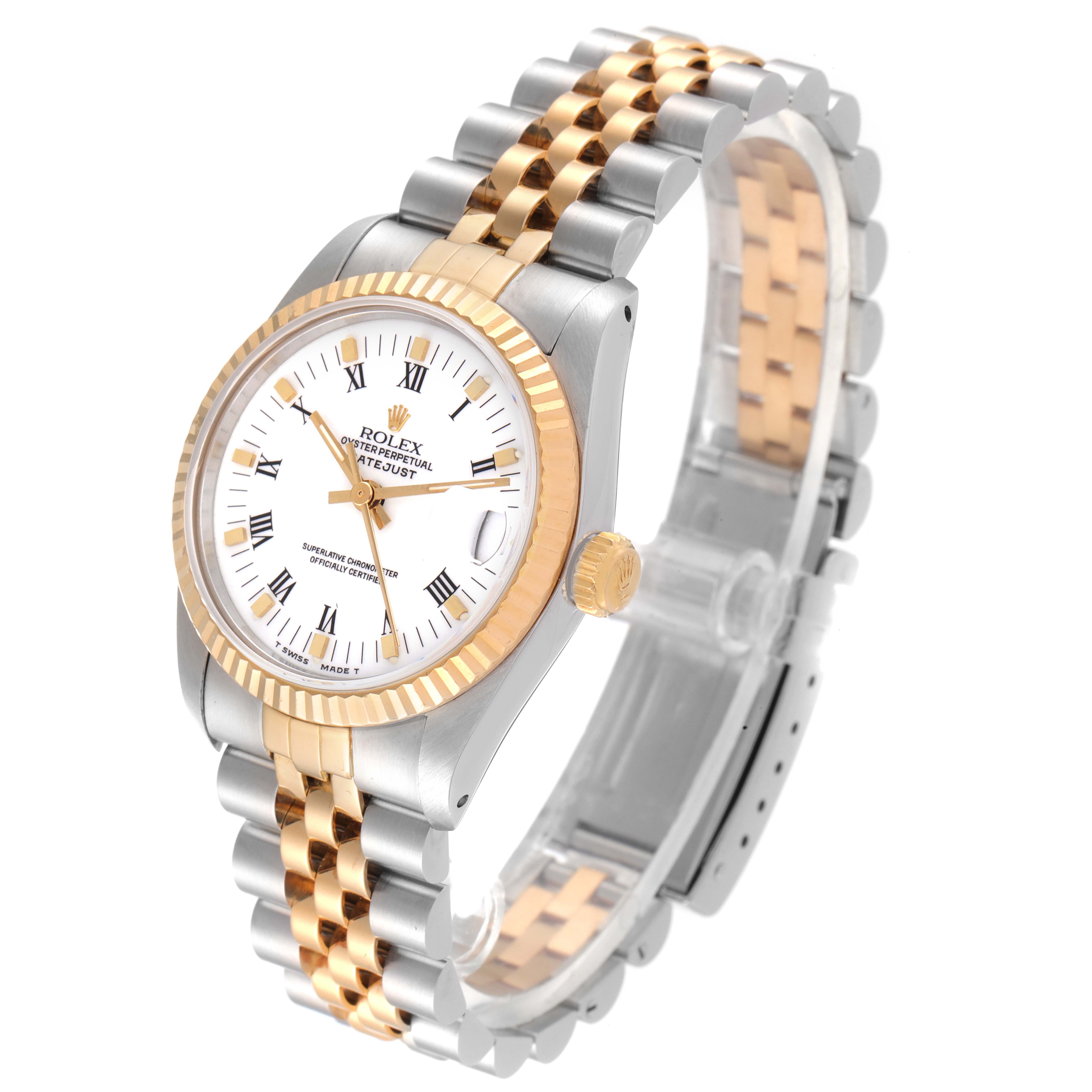 This Mid-Size Rolex model is shown from an angled top view, highlighting the dial, bezel, crown, and bracelet.