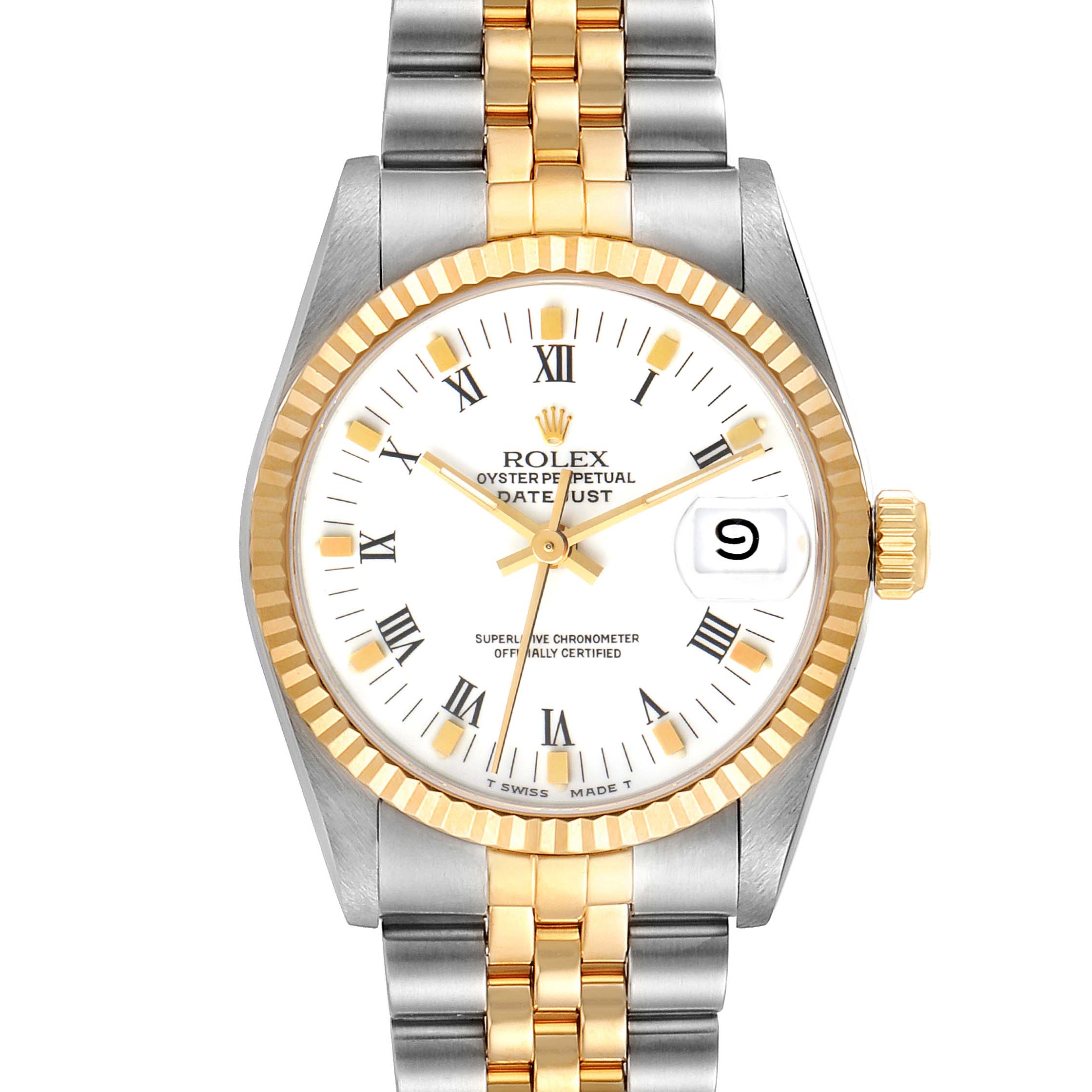 The image shows a front view of a Rolex Mid-Size 68273 Women
s Steel and Gold (two tone) White Dial 68273 Women
s Steel and Gold (two tone) White Dial Oyster Perpetual Datejust watch with a two-tone bracelet and fluted bezel.