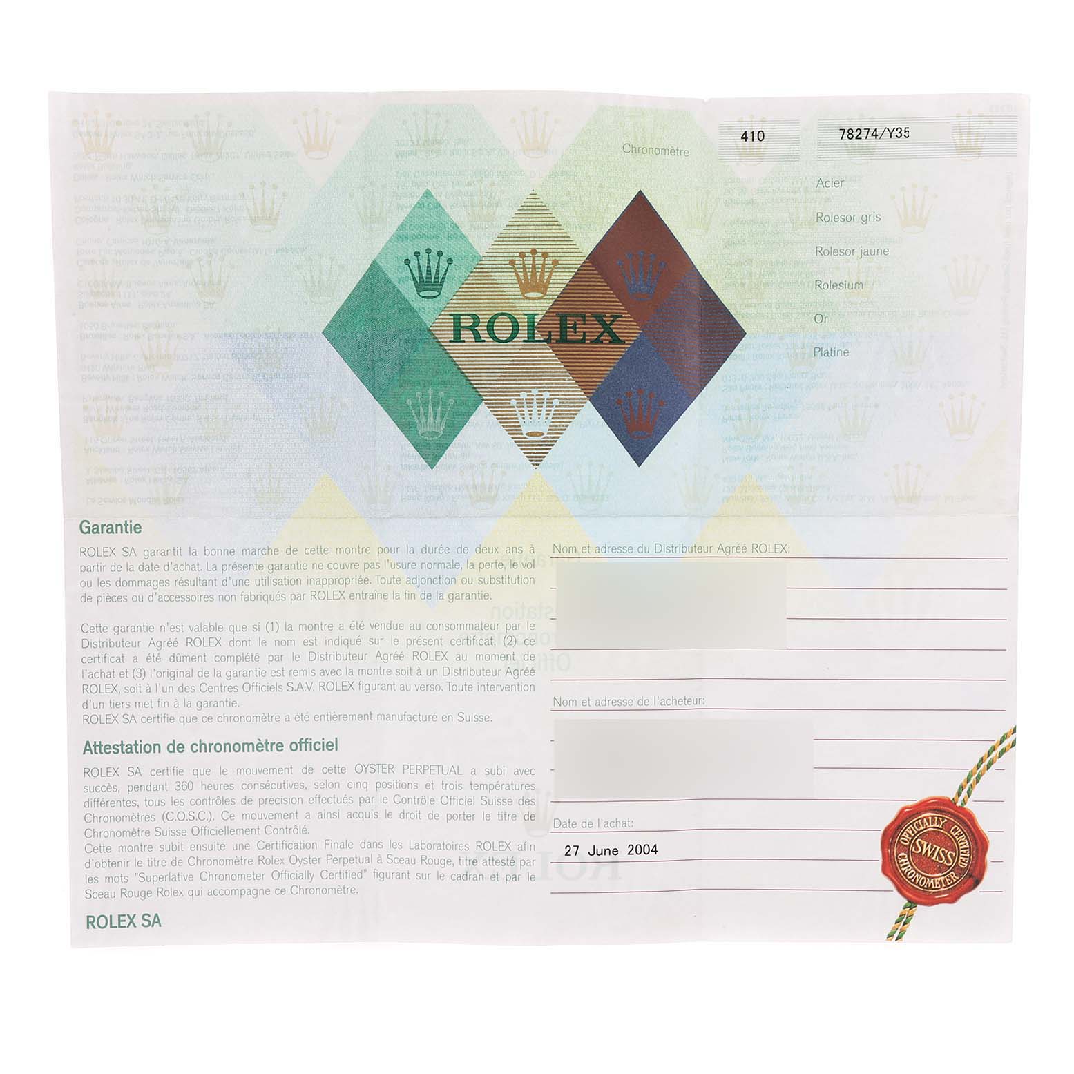 The image shows the warranty certificate and official chronometer certification paper for a Rolex Datejust 78274 Women's Stainless Steel Black Dial 78274 Women's Stainless Steel Black Dial model.