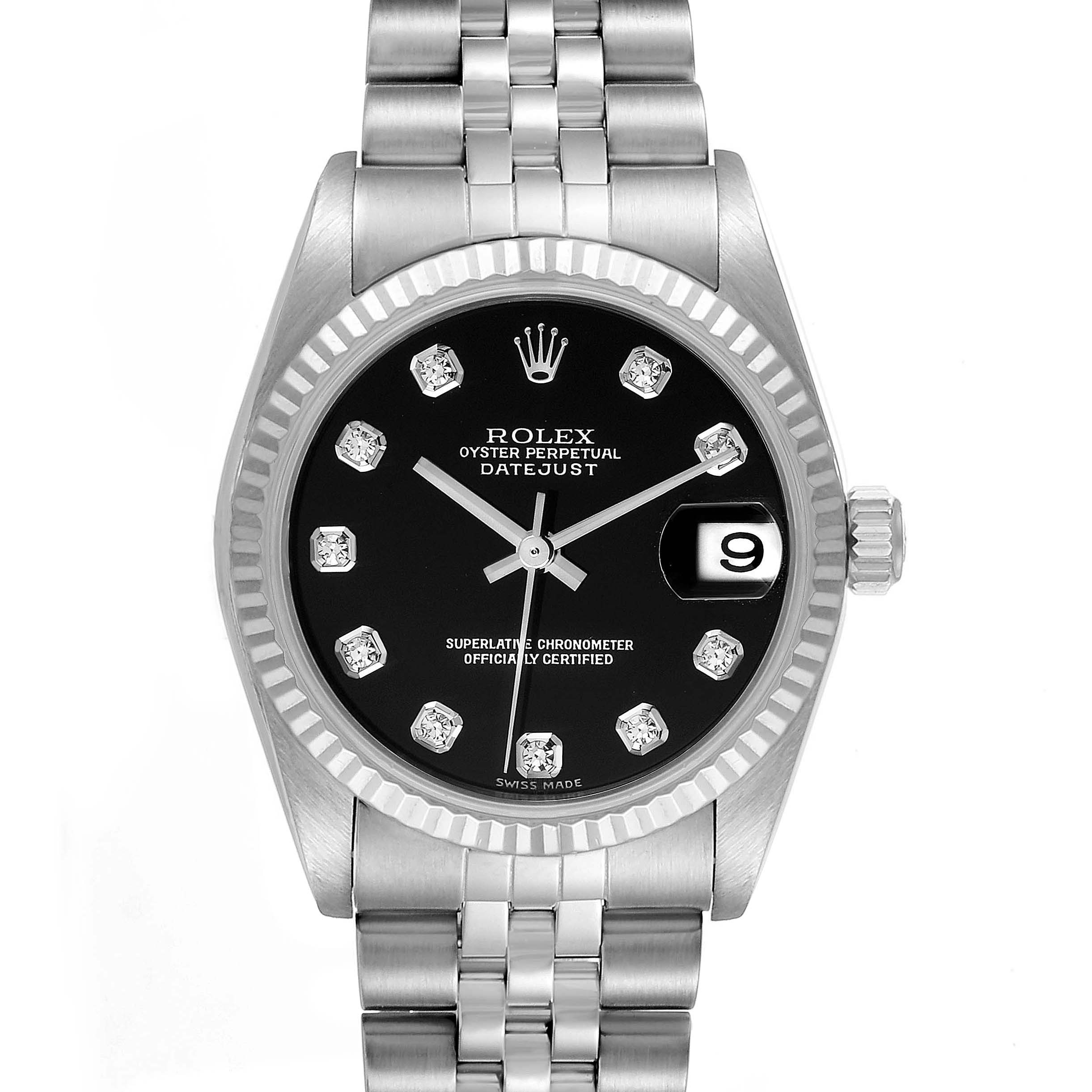 The image shows a Rolex Datejust 78274 Women's Stainless Steel Black Dial 78274 Women's Stainless Steel Black Dial watch from a front angle, highlighting the dial, hands, date window, and bracelet.
