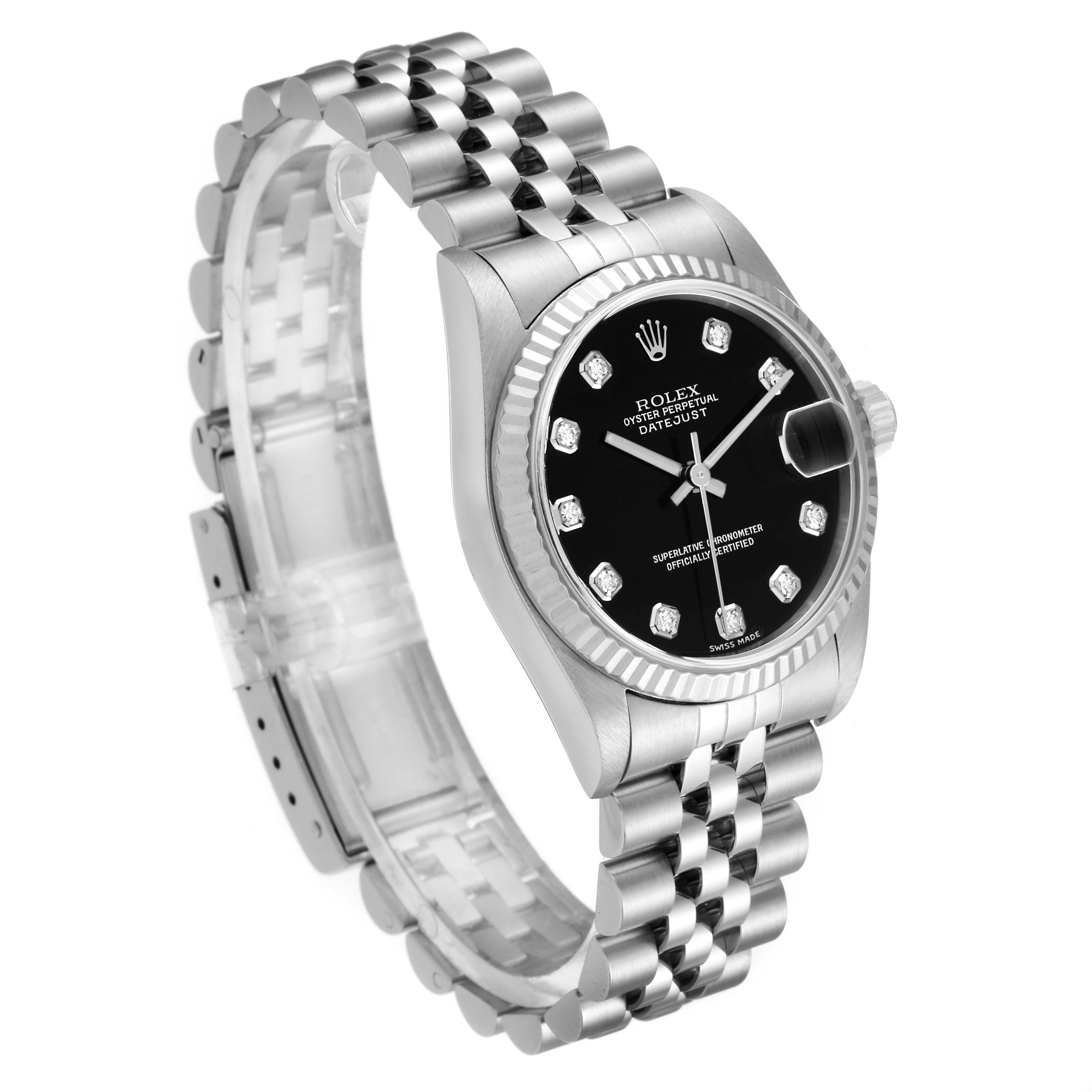 The image shows a Rolex Datejust 78274 Women's Stainless Steel Black Dial 78274 Women's Stainless Steel Black Dial watch at a slight angle, highlighting its black dial, diamond hour markers, fluted bezel, and jubilee bracelet.