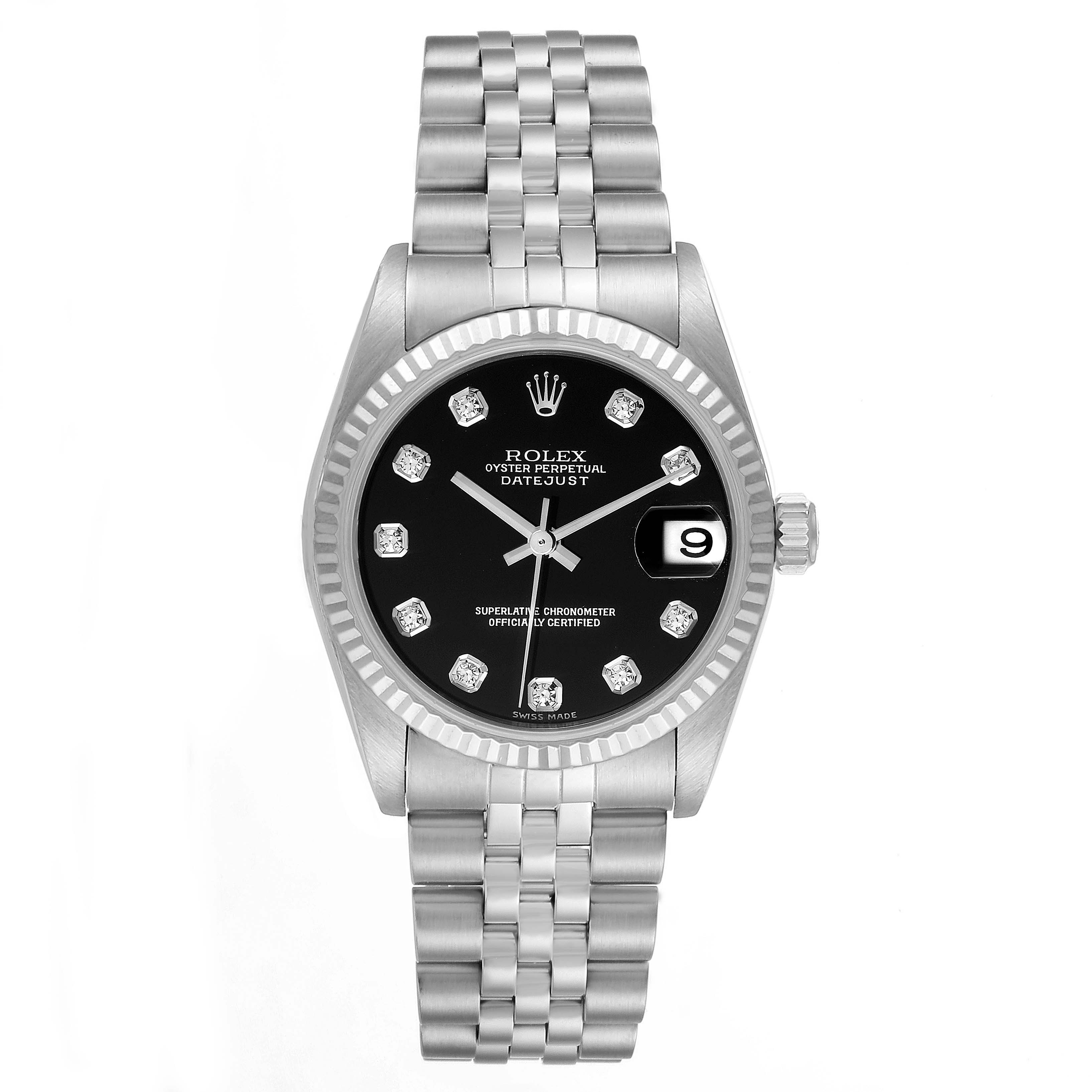This image shows a full front view of a Rolex Datejust 78274 Women's Stainless Steel Black Dial 78274 Women's Stainless Steel Black Dial watch, including its dial, bezel, and bracelet.