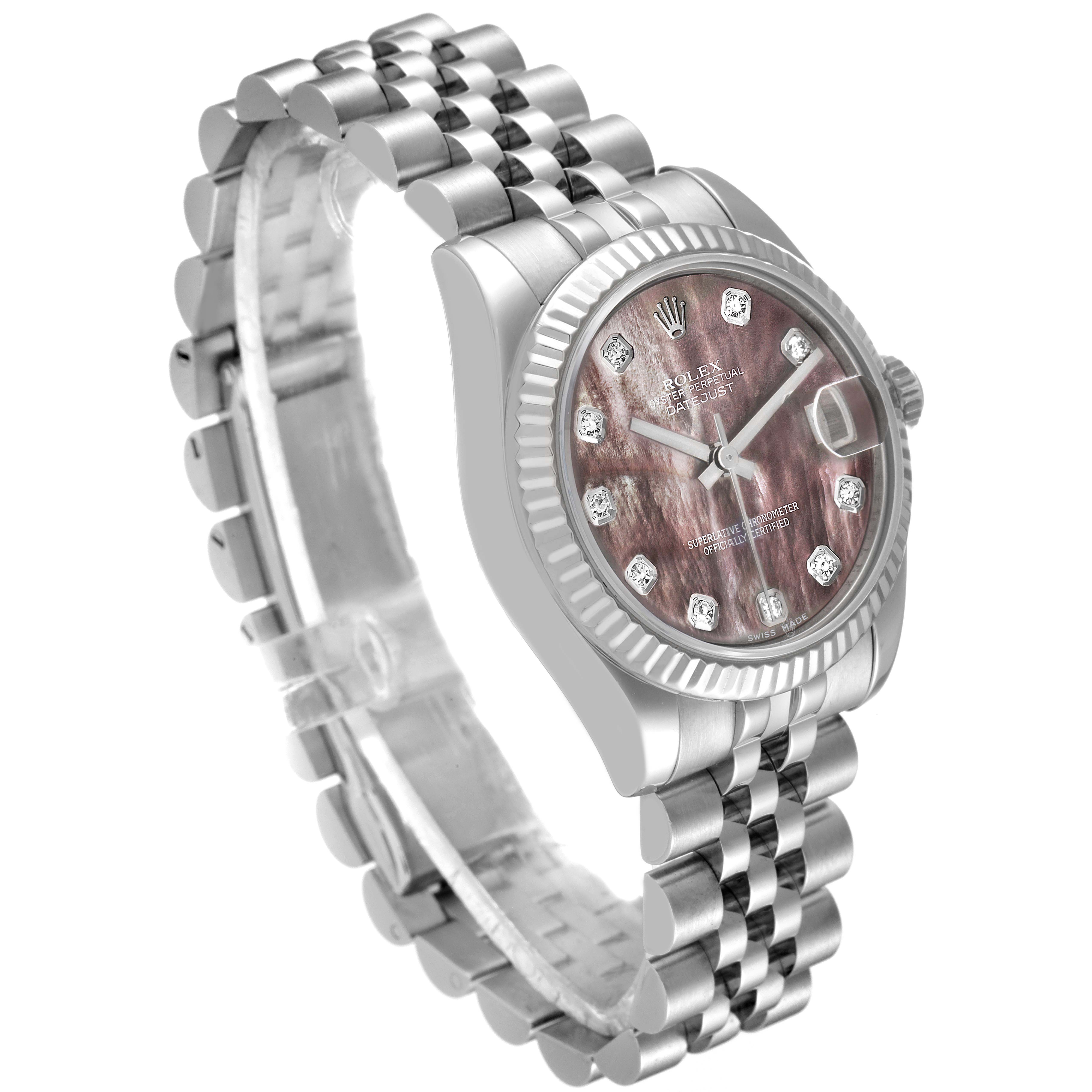 The image shows a side angle of a Rolex Mid-Size 178274 Women's Stainless Steel Mother of Pearl Dial 178274 Women's Stainless Steel Mother of Pearl Dial model watch featuring a metal band and a diamond-accented dial.
