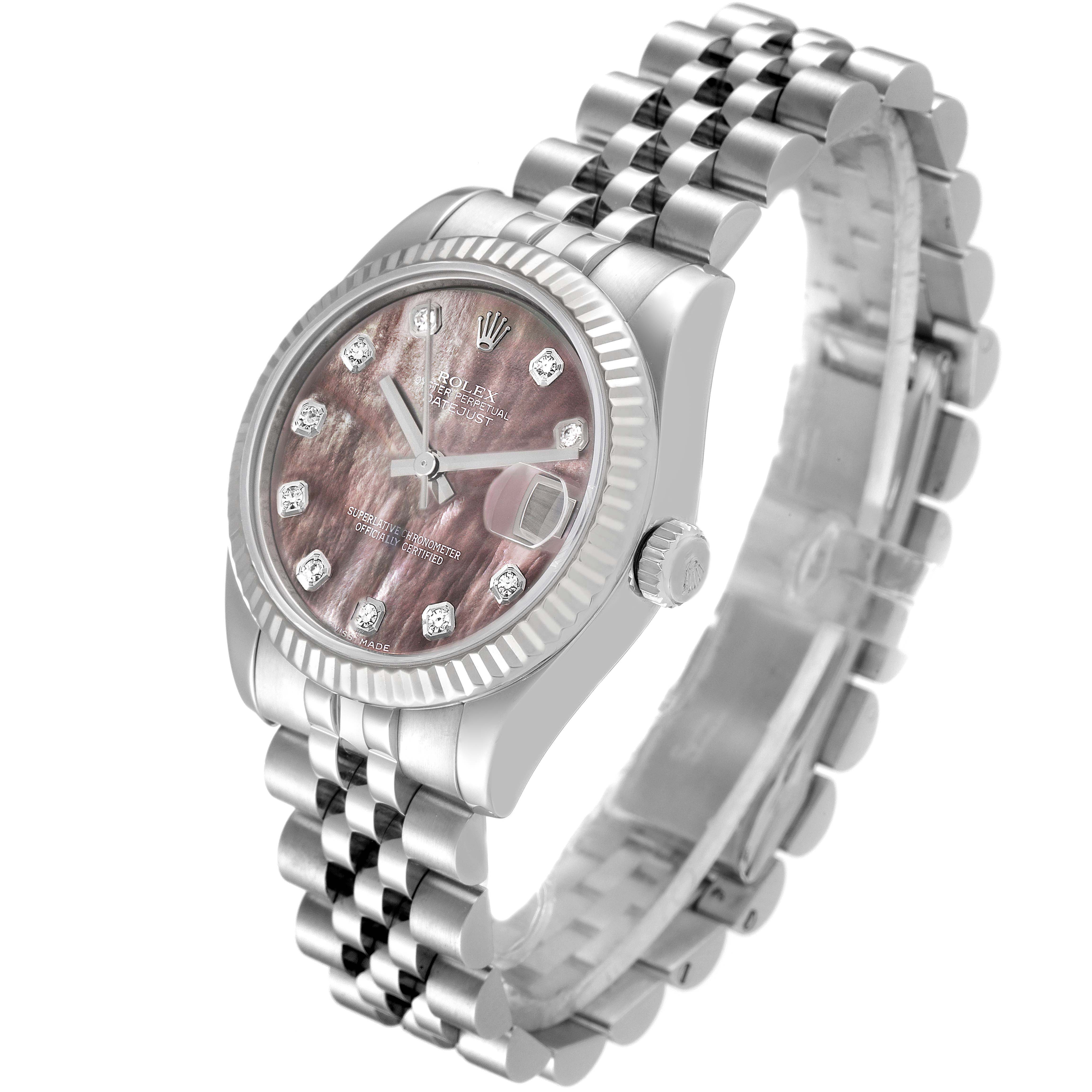 The image shows a side and front angle of the Rolex Mid-Size 178274 Women's Stainless Steel Mother of Pearl Dial 178274 Women's Stainless Steel Mother of Pearl Dial model, highlighting the pink mother-of-pearl dial and the jubilee bracelet.