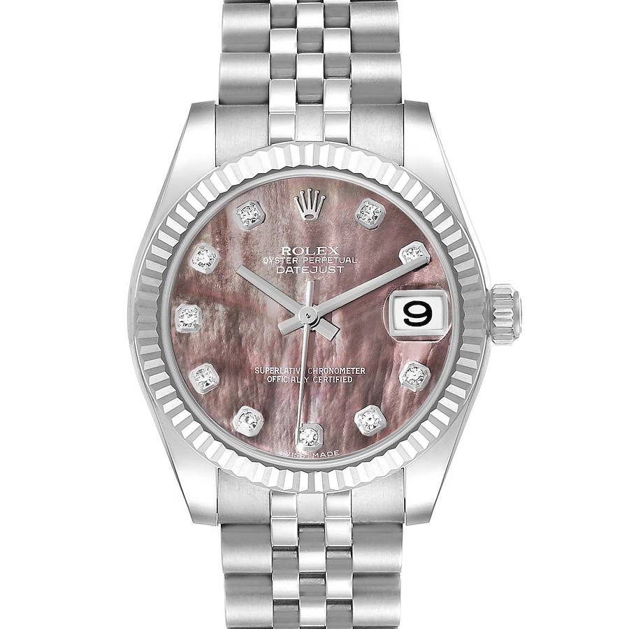 This image shows a front view of a Rolex Oyster Perpetual Datejust Mid-Size watch, highlighting its dial, bezel, hands, and bracelet.