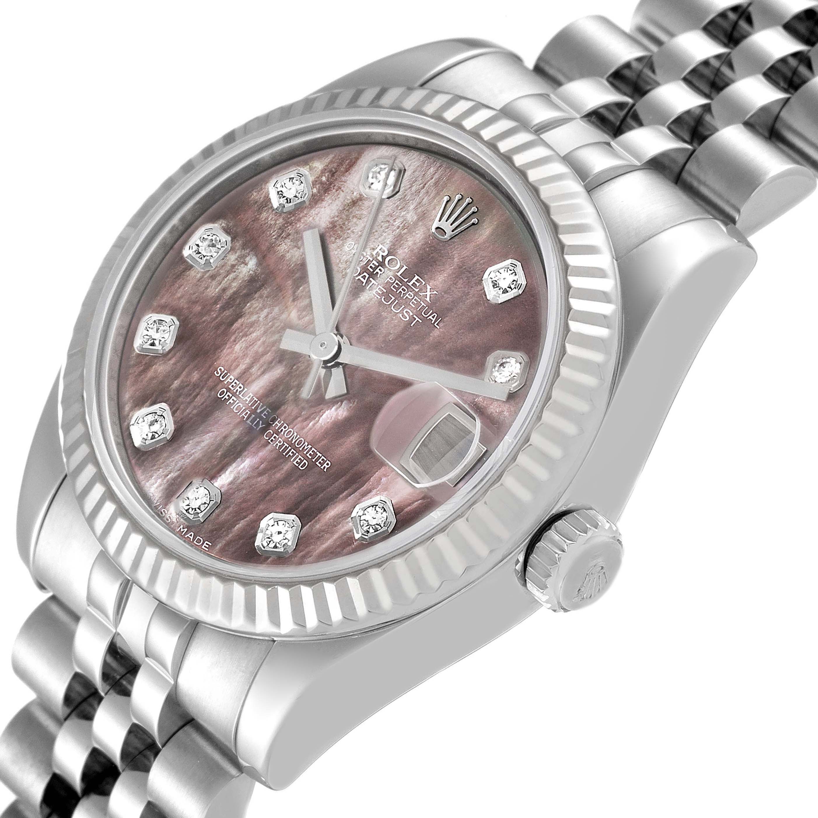 The image shows a Rolex Mid-Size 178274 Women's Stainless Steel Mother of Pearl Dial 178274 Women's Stainless Steel Mother of Pearl Dial watch from a top-side angle, highlighting the dial, bezel, crown, and part of the bracelet.