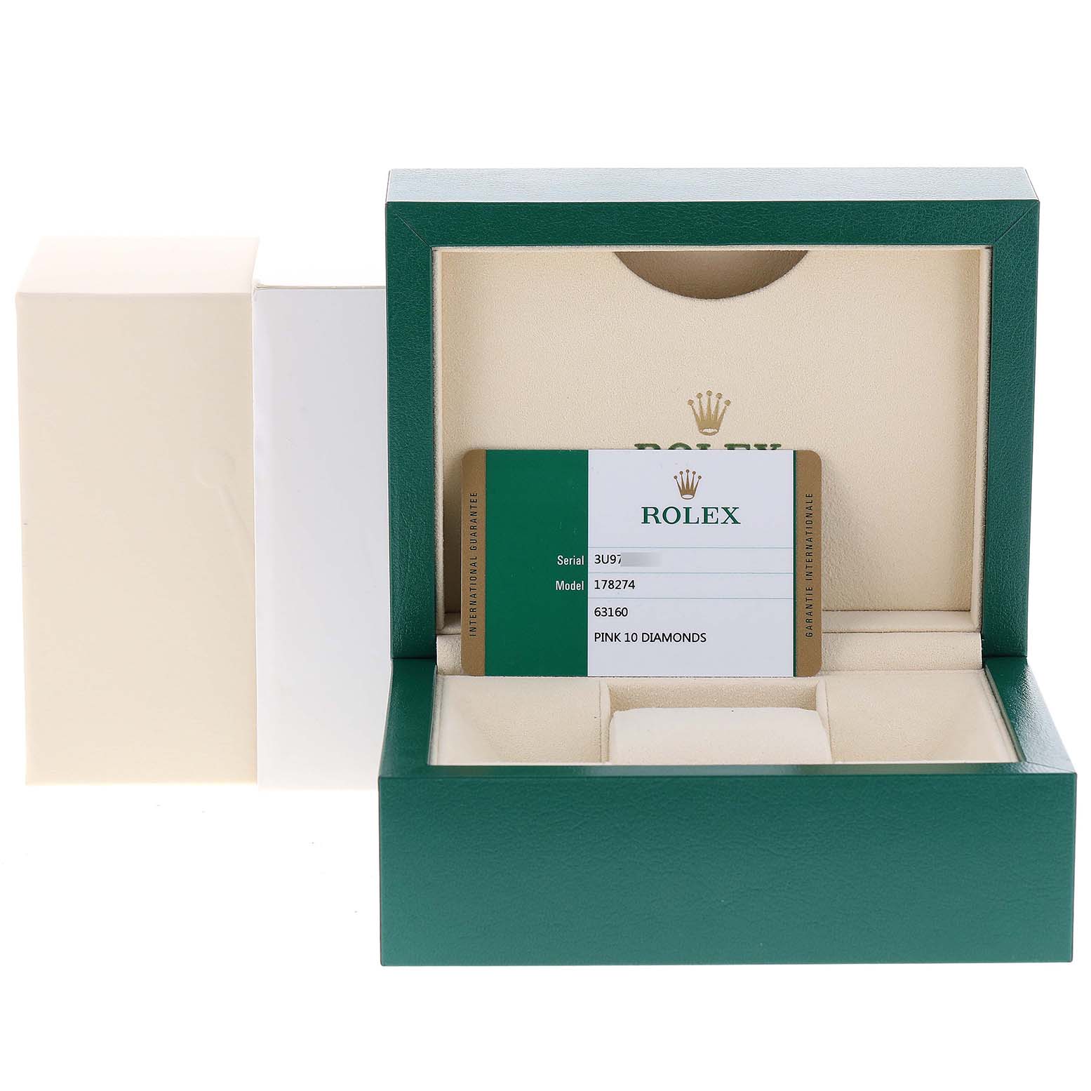 The image shows a Rolex Mid-Size 178274 Women's Stainless Steel Pink Dial 178274 Women's Stainless Steel Pink Dial model watch box and a warranty card.