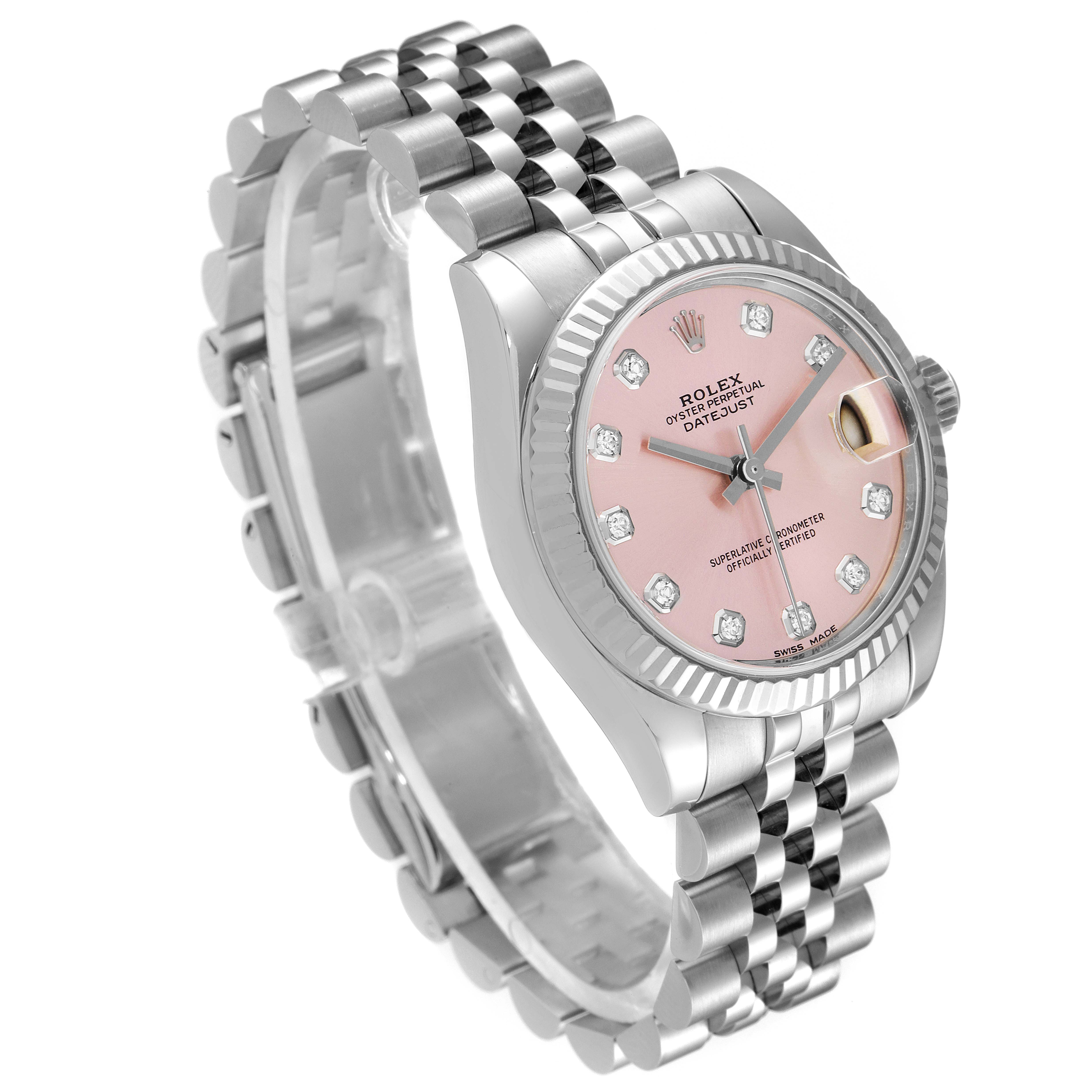 This image shows a mid-size Rolex watch with a pink dial, diamond hour markers, and a Jubilee bracelet at a slight angle.