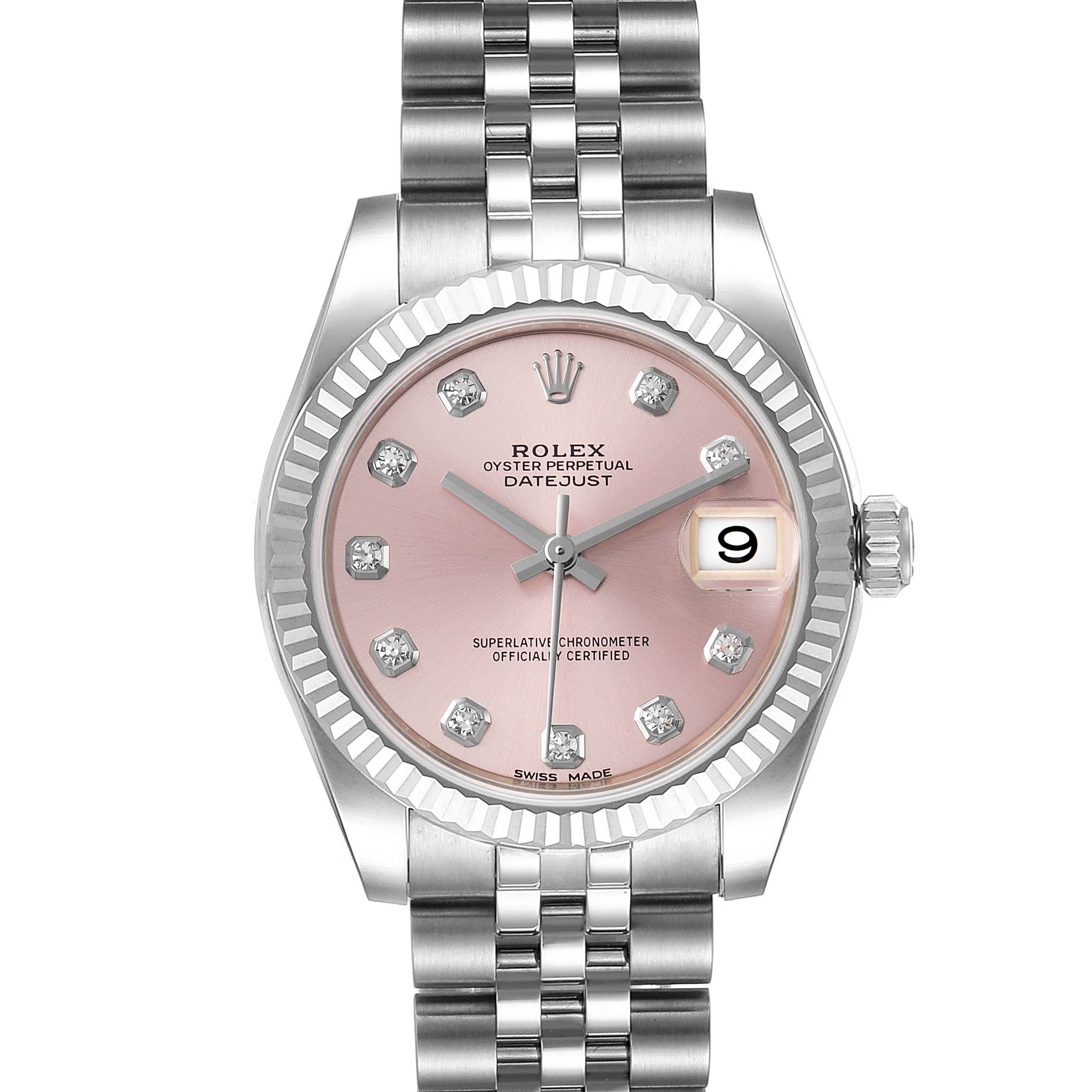 This is a front view of the Rolex Mid-Size 178274 Women's Stainless Steel Pink Dial 178274 Women's Stainless Steel Pink Dial Datejust watch displaying the pink dial, diamond hour markers, and the date window.