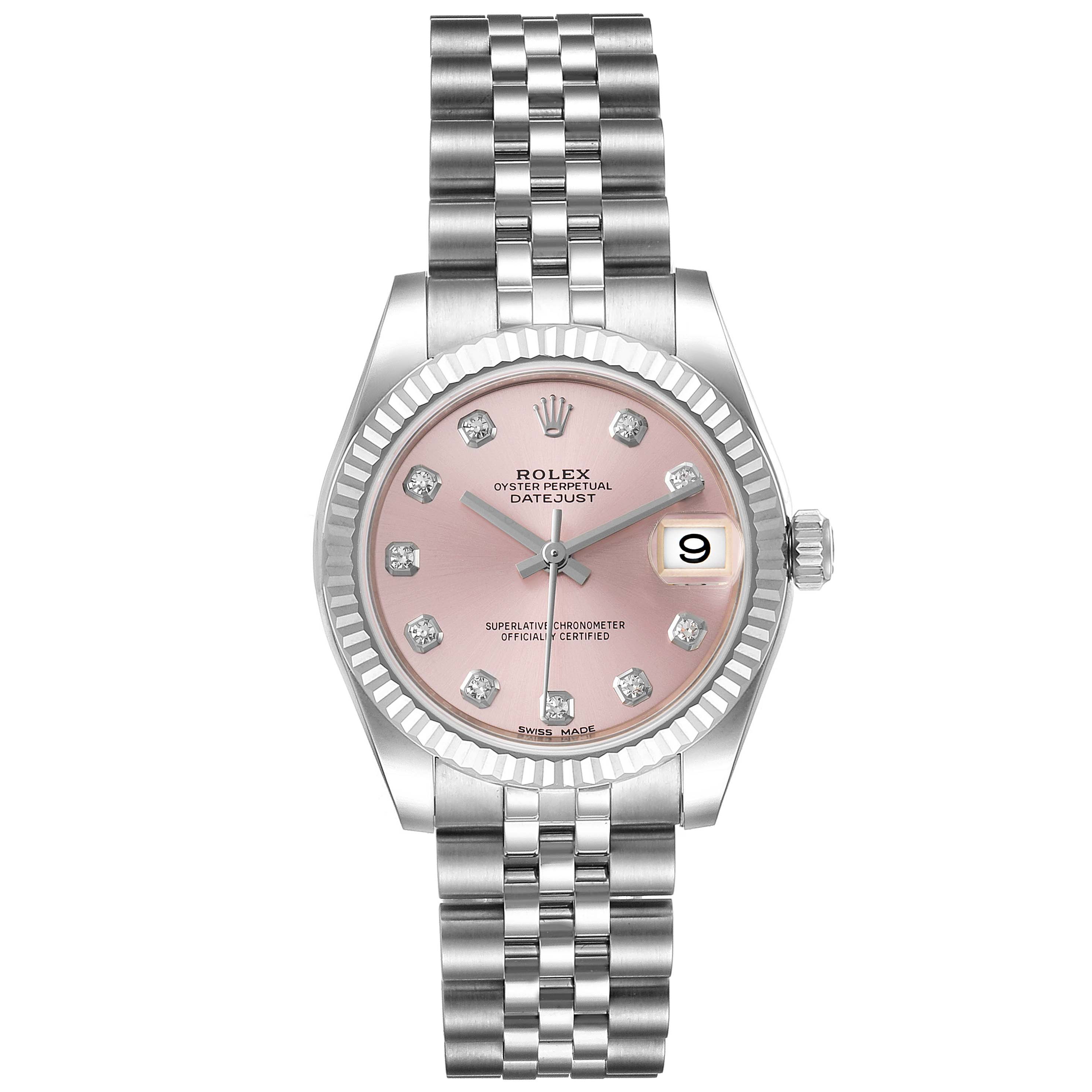 This image shows a frontal view of the Rolex Mid-Size 178274 Women's Stainless Steel Pink Dial 178274 Women's Stainless Steel Pink Dial Oyster Perpetual Datejust watch with a pink dial and diamond hour markers.