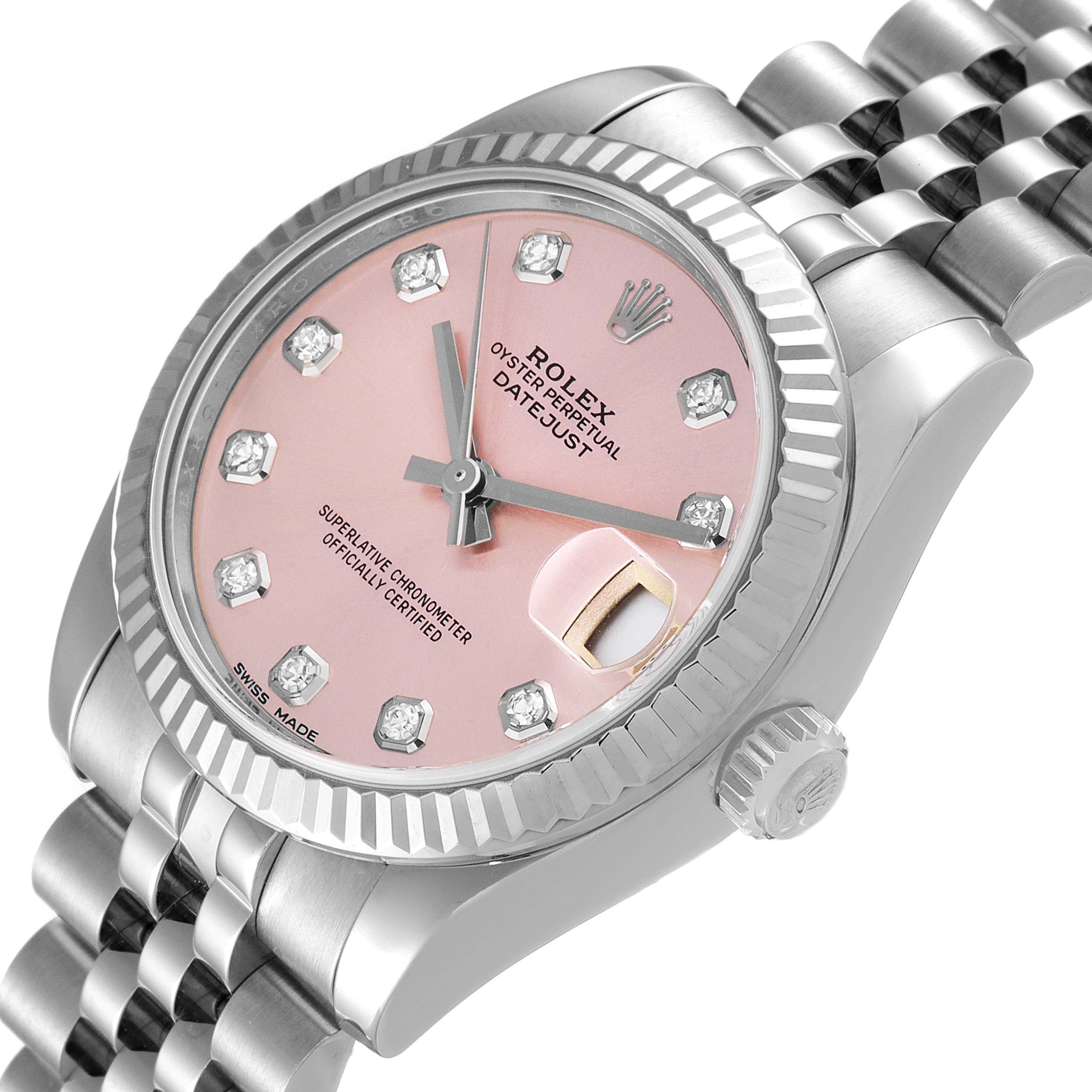 A close-up of a Rolex Mid-Size 178274 Women's Stainless Steel Pink Dial 178274 Women's Stainless Steel Pink Dial Oyster Perpetual Datejust watch, showing the pink dial, hour markers, date window, and part of the bracelet.