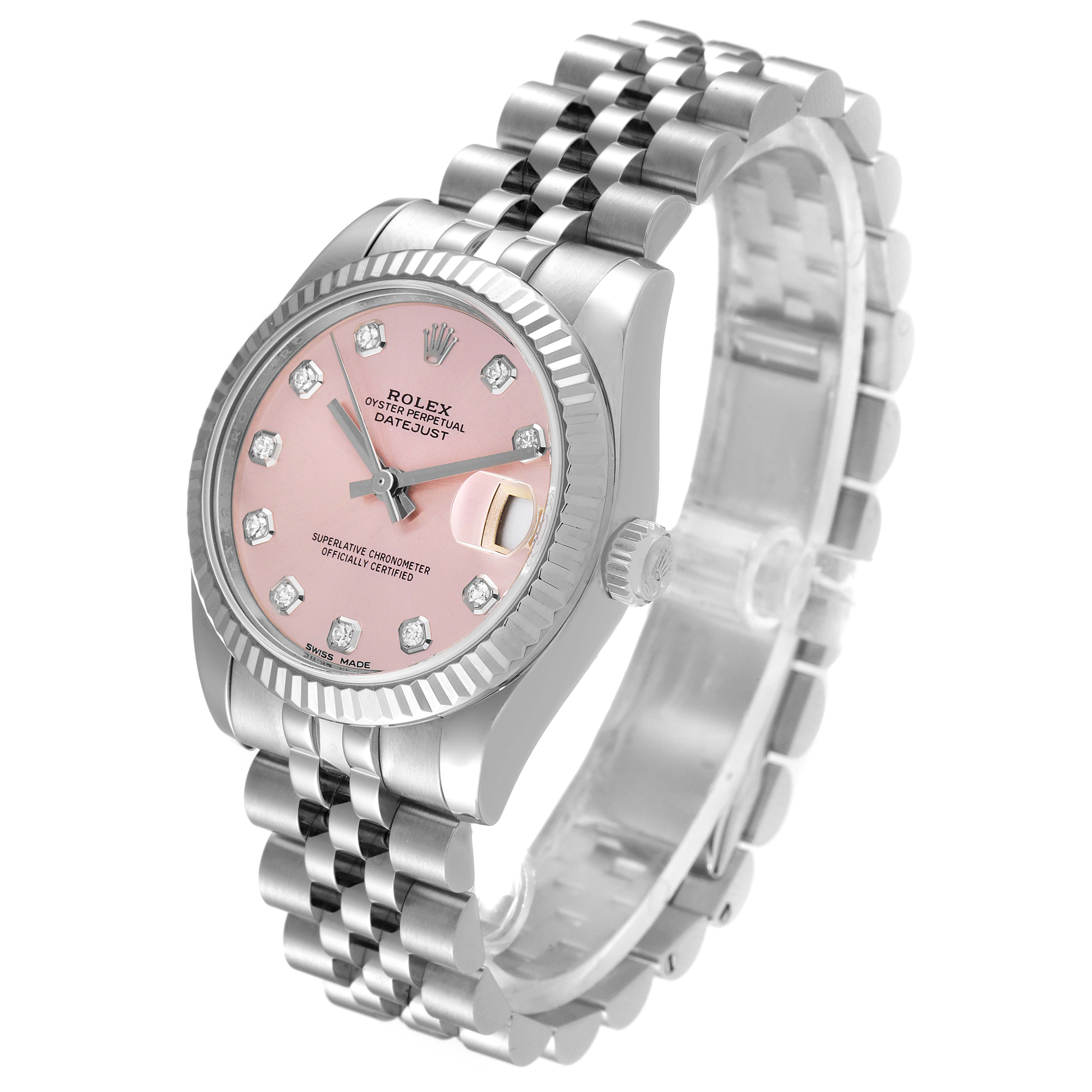 This Rolex Mid-Size 178274 Women's Stainless Steel Pink Dial 178274 Women's Stainless Steel Pink Dial watch is shown at a side angle, highlighting the pink dial, diamond markers, fluted bezel, and jubilee bracelet.