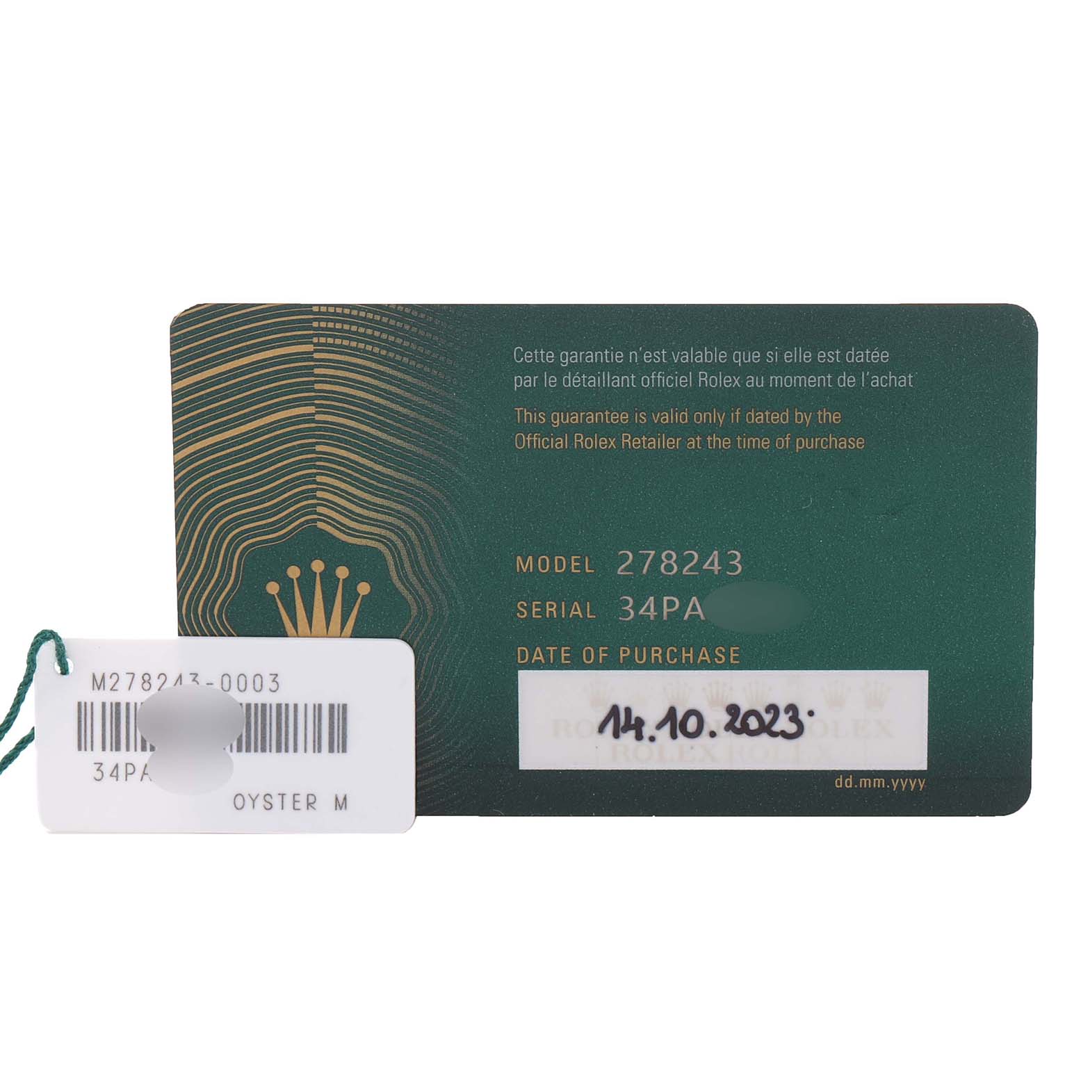 The image shows the guarantee card and tag for a Rolex Datejust 278243 Women's Steel and Gold (two tone) Silver Dial 278243 Women's Steel and Gold (two tone) Silver Dial model, highlighting model and serial details.