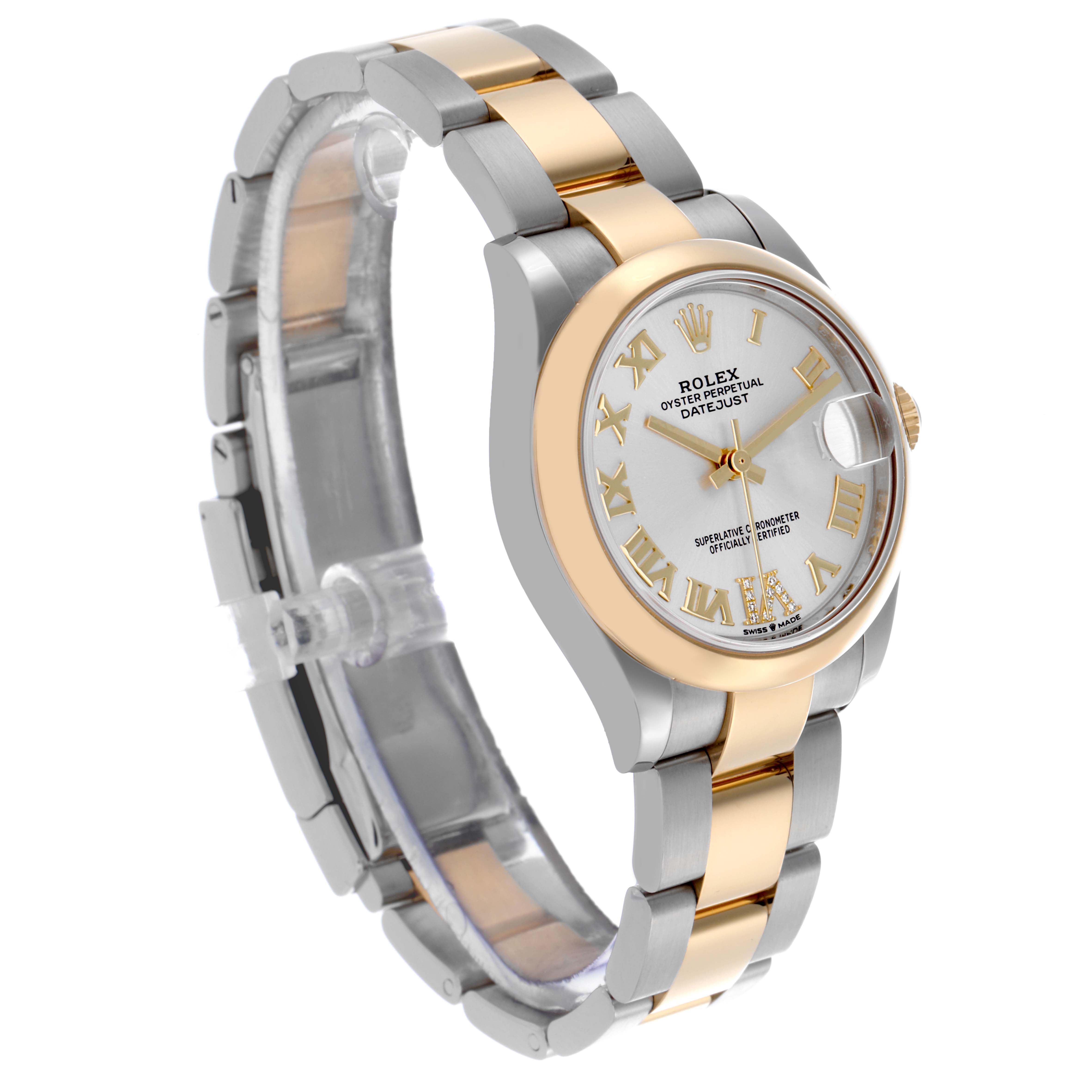 The Rolex Datejust 278243 Women's Steel and Gold (two tone) Silver Dial 278243 Women's Steel and Gold (two tone) Silver Dial watch is shown at a three-quarter angle, highlighting the dial, bezel, and bracelet.