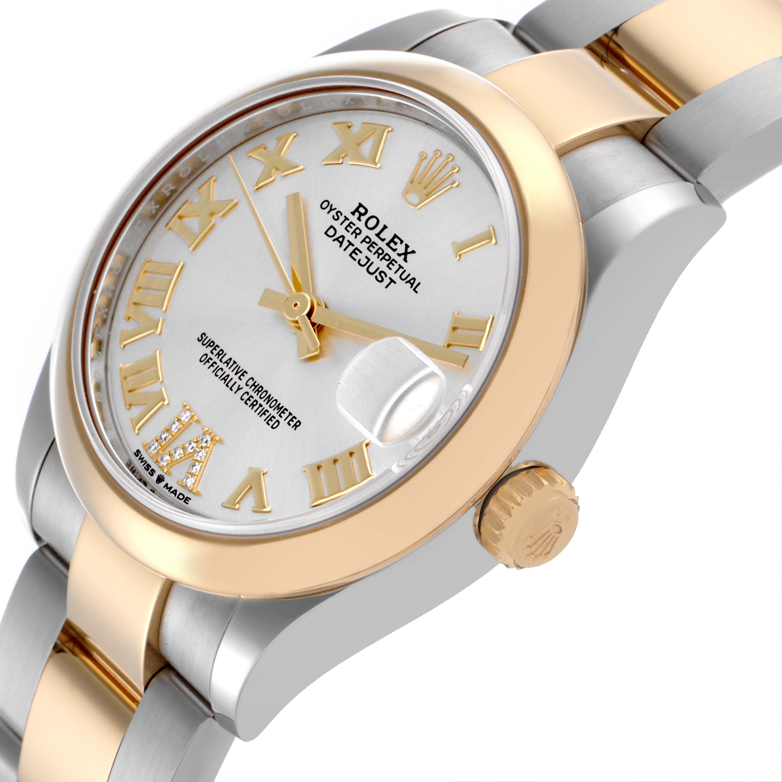 The Rolex Datejust 278243 Women's Steel and Gold (two tone) Silver Dial 278243 Women's Steel and Gold (two tone) Silver Dial watch is shown from a side angle highlighting the bezel, crown, and part of the bracelet.