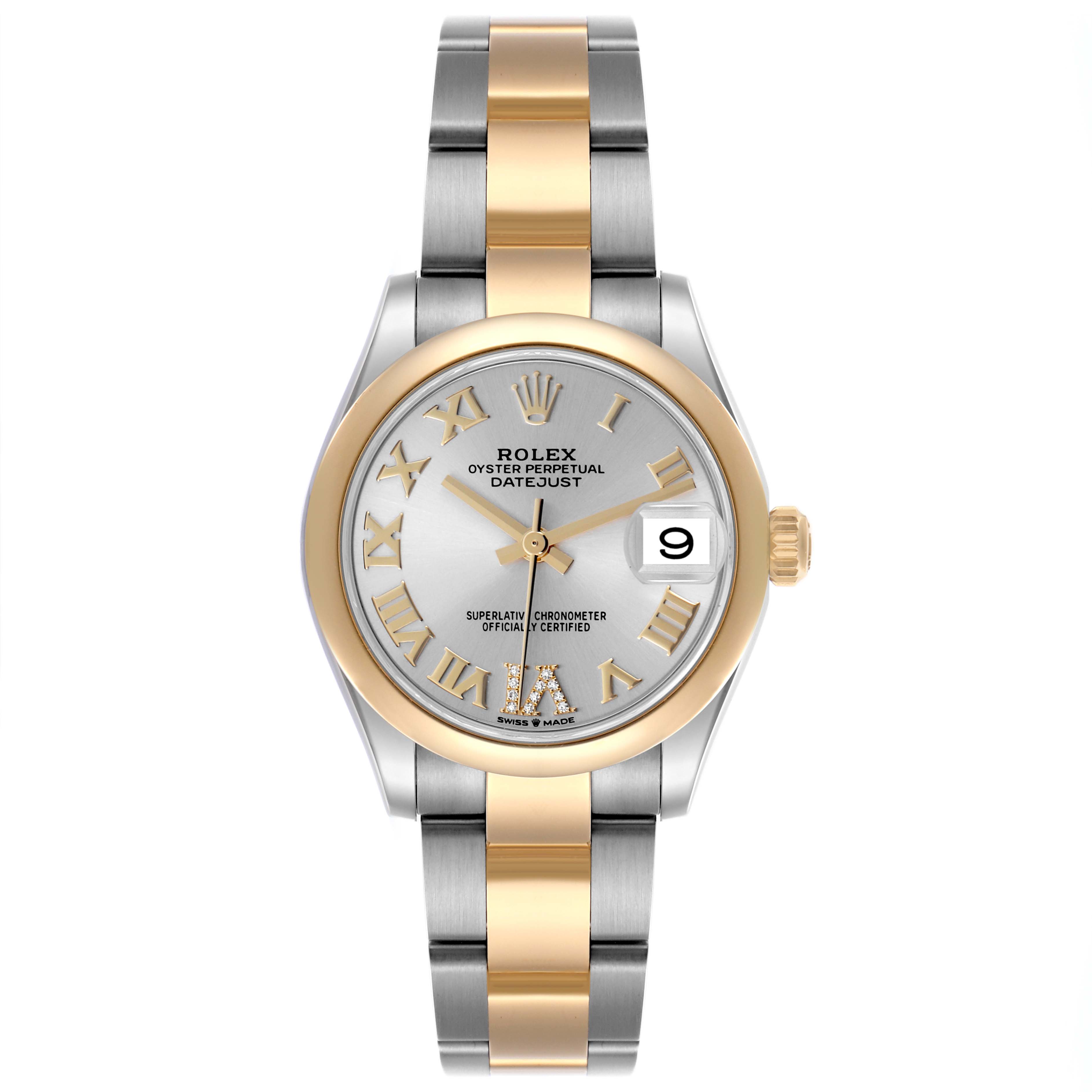 The Rolex Datejust 278243 Women's Steel and Gold (two tone) Silver Dial 278243 Women's Steel and Gold (two tone) Silver Dial watch is shown from a front angle, highlighting the dial, two-tone bracelet, and case.