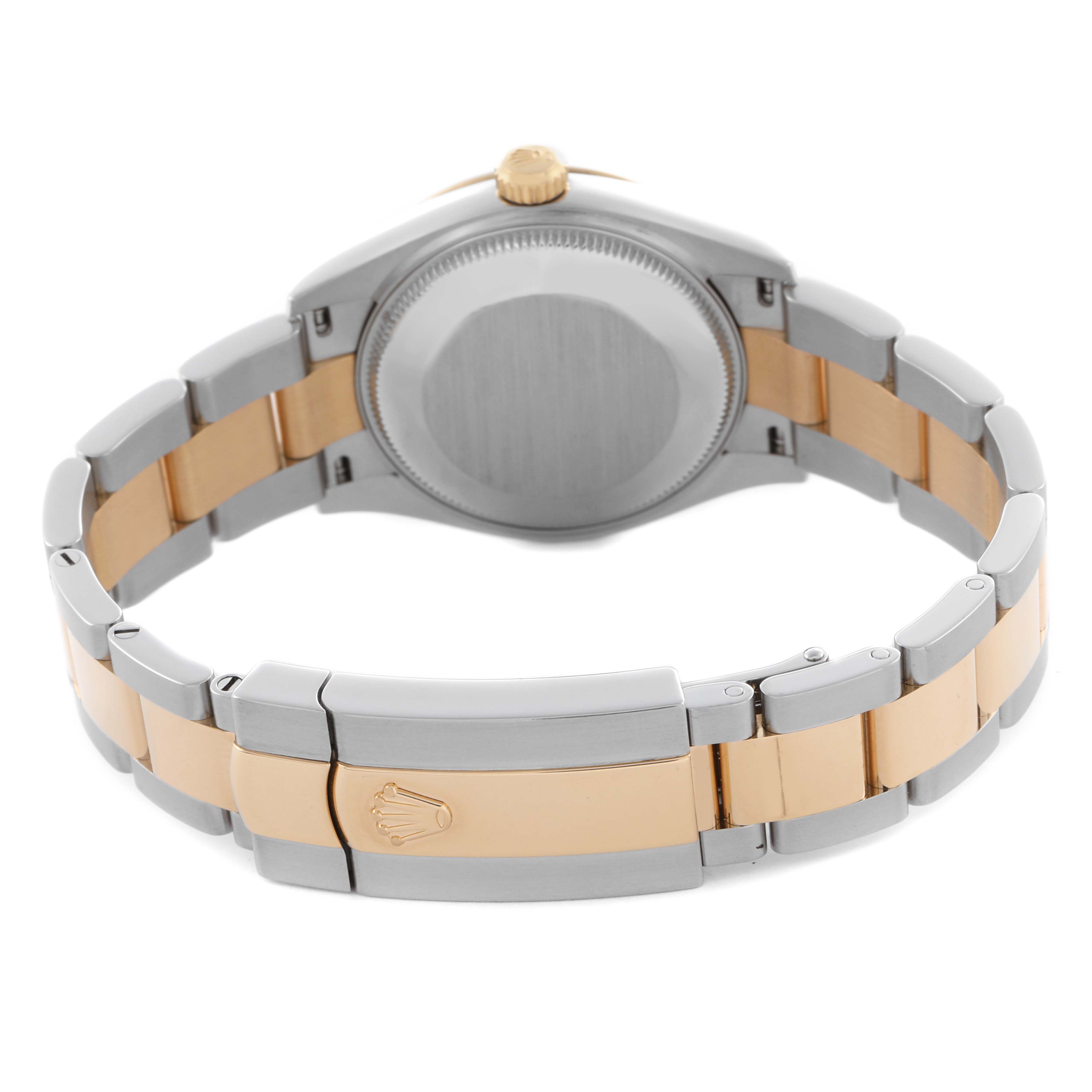 The image shows the back of a Rolex Datejust 278243 Women's Steel and Gold (two tone) Silver Dial 278243 Women's Steel and Gold (two tone) Silver Dial watch, highlighting the case back and two-tone bracelet with a clasp.