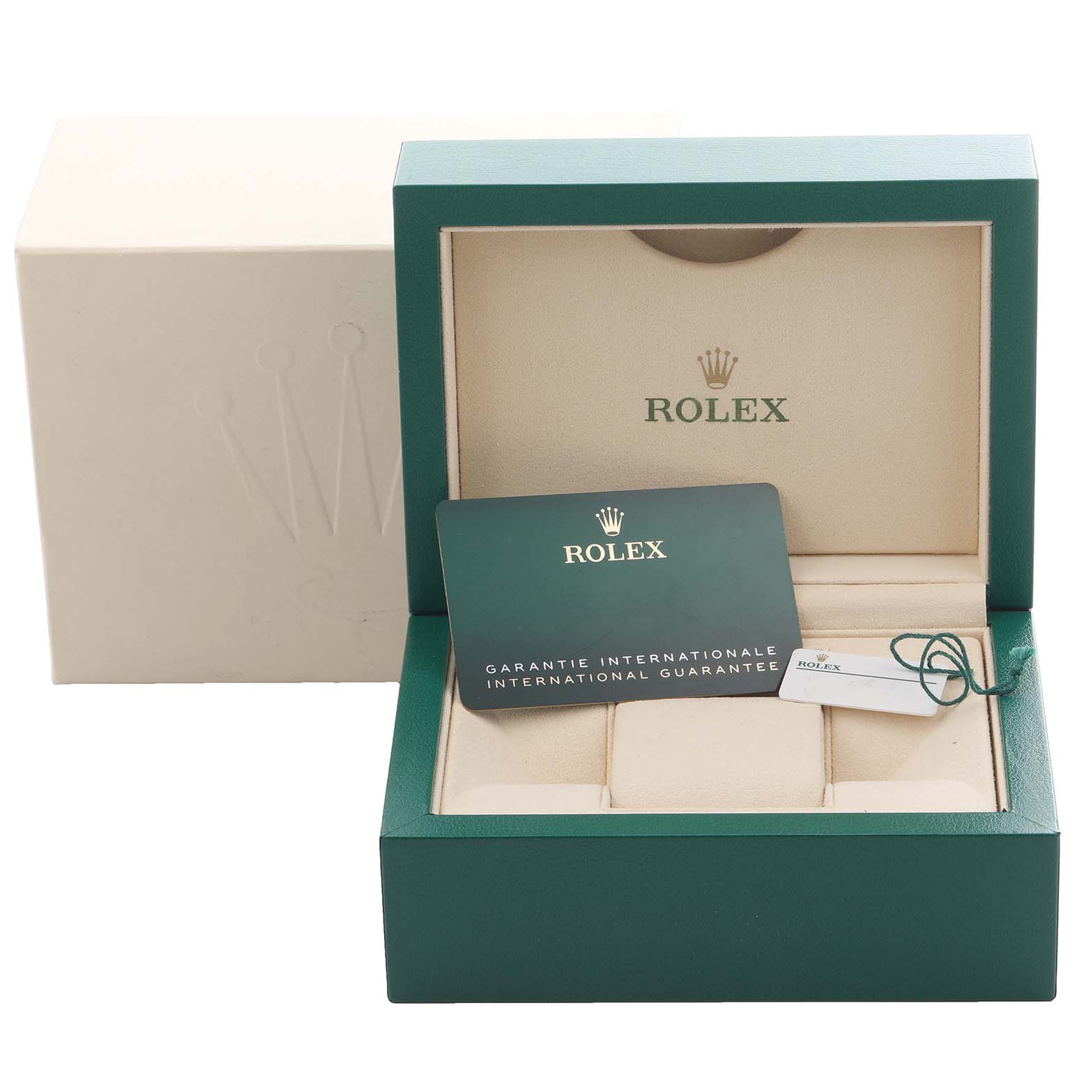 The image shows an open Rolex Datejust 278243 Women's Steel and Gold (two tone) Silver Dial 278243 Women's Steel and Gold (two tone) Silver Dial box with a warranty card and tag inside.