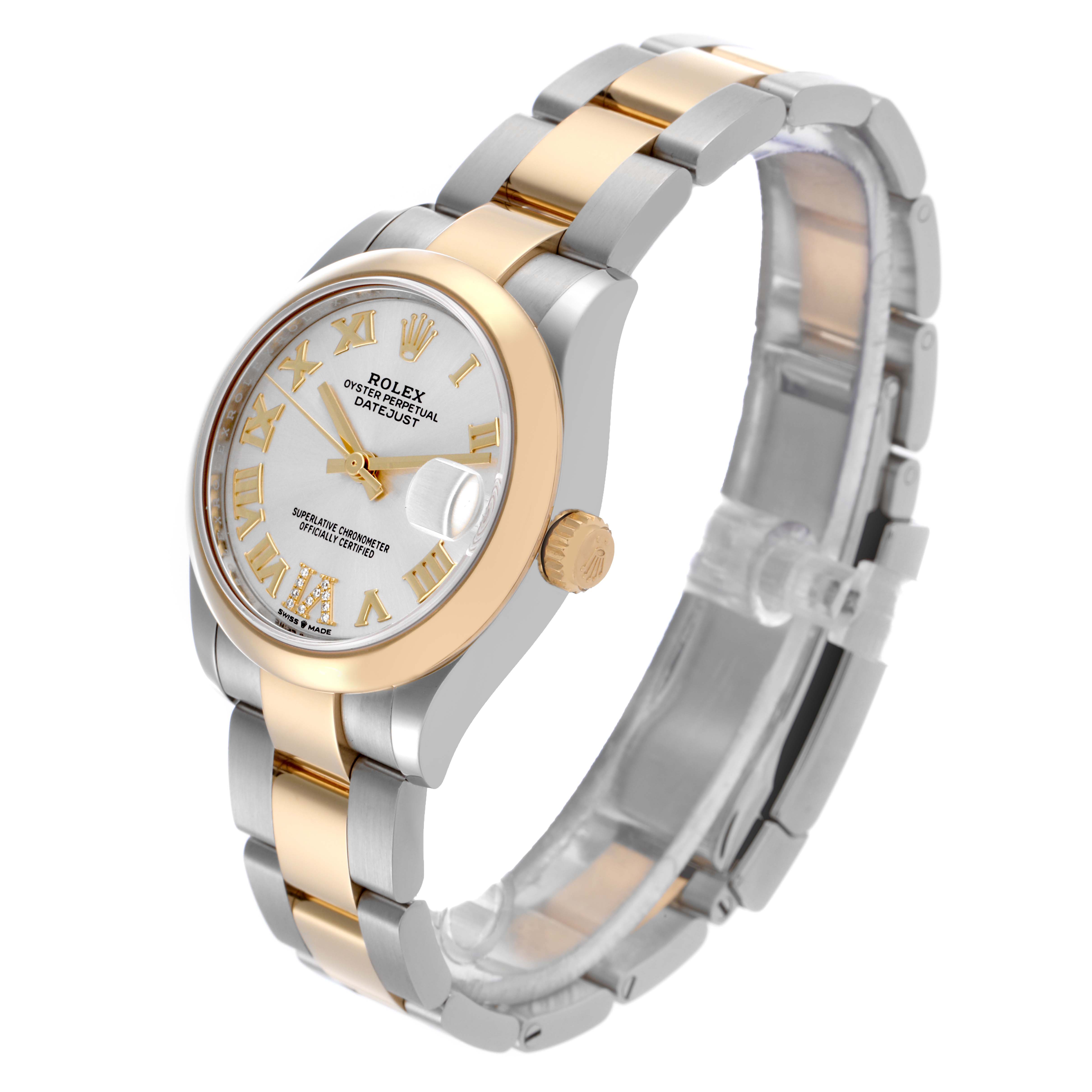 The Rolex Datejust 278243 Women's Steel and Gold (two tone) Silver Dial 278243 Women's Steel and Gold (two tone) Silver Dial watch is shown at a three-quarter angle, highlighting the dial, bracelet, and crown.