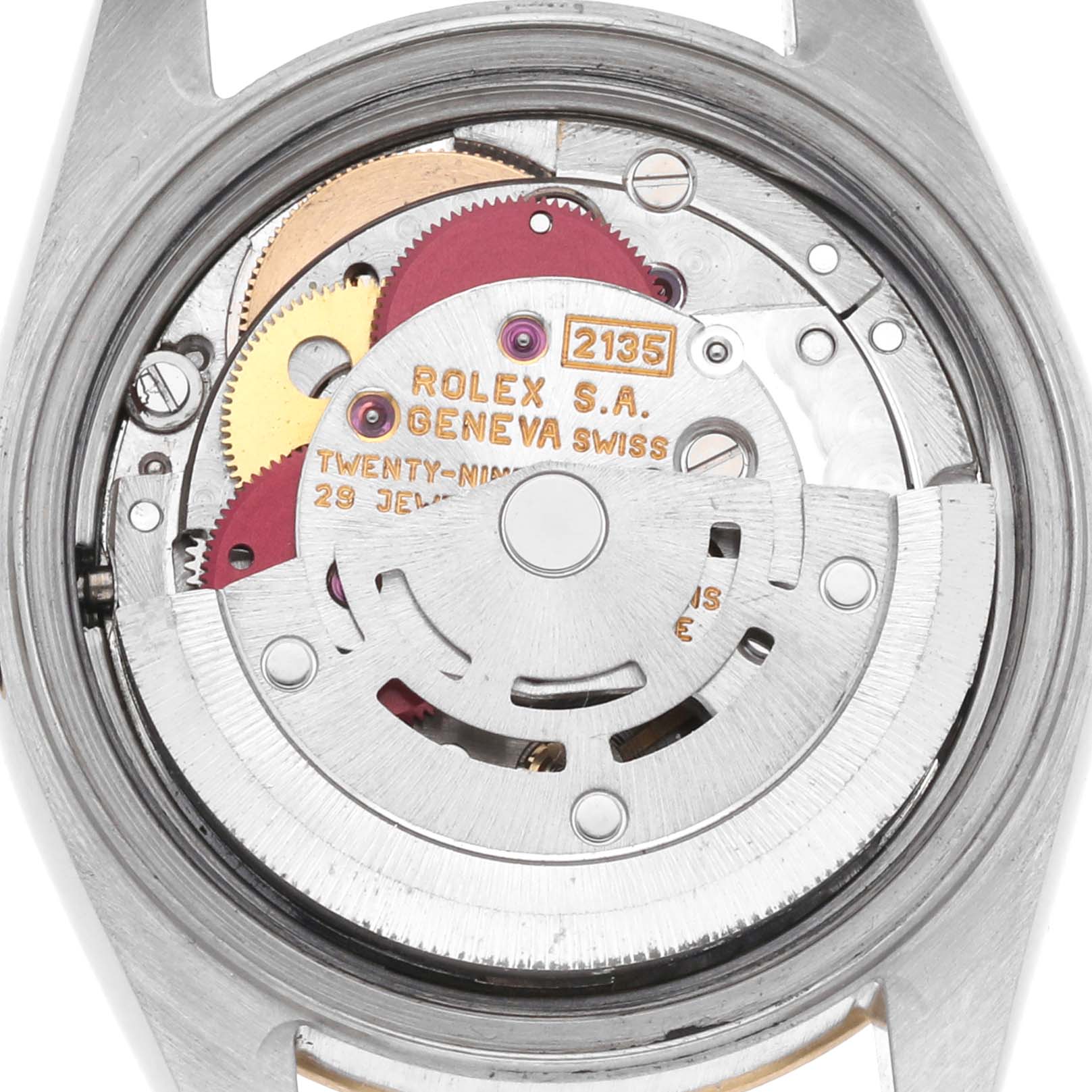 The image shows the movement and internal mechanics of a Rolex Datejust 69173 Women's Steel and Gold (two tone) Silver Dial 69173 Women's Steel and Gold (two tone) Silver Dial watch from a rear angle.