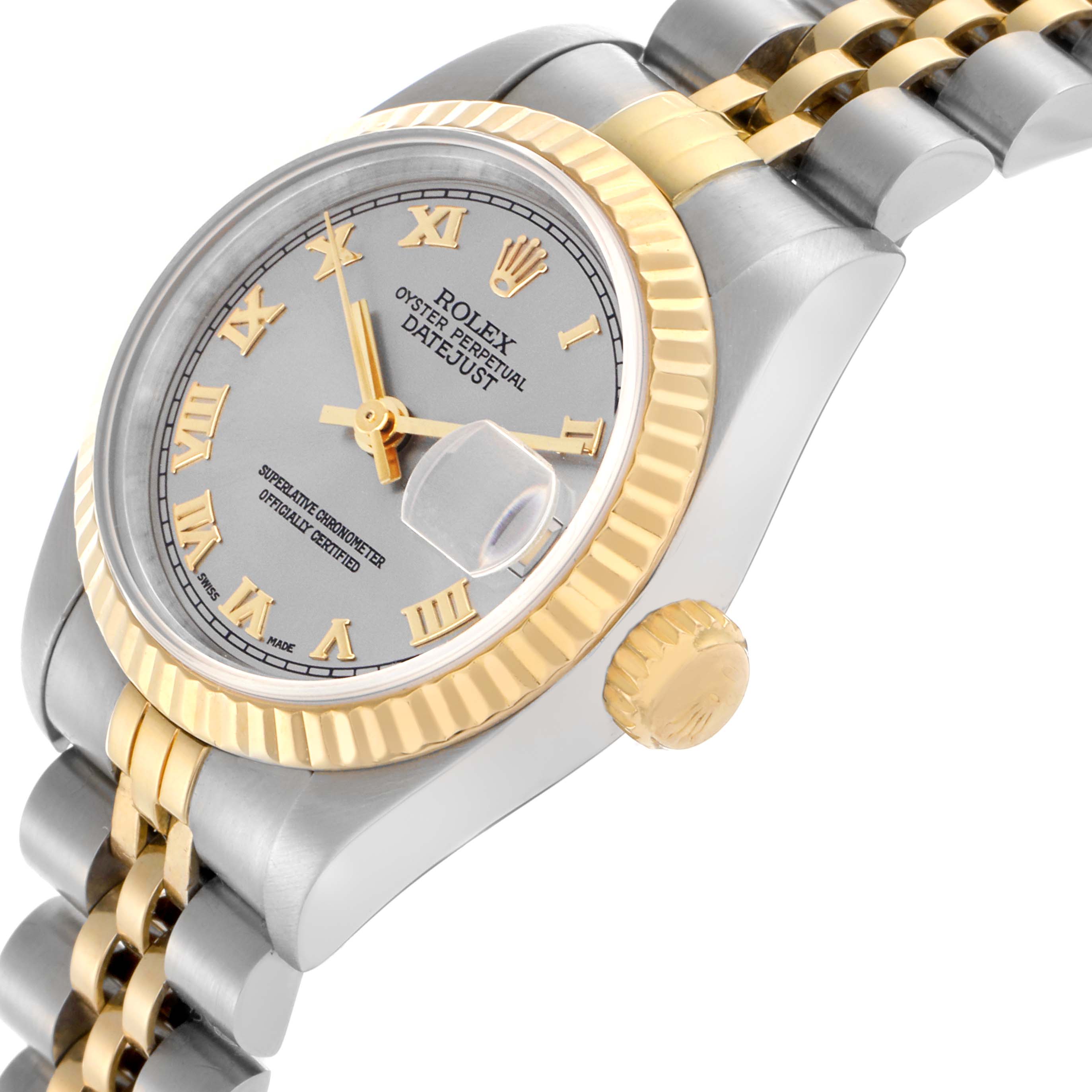The Rolex Datejust 69173 Women's Steel and Gold (two tone) Silver Dial 69173 Women's Steel and Gold (two tone) Silver Dial watch is shown at a three-quarter angle, highlighting the crown, bezel, bracelet, and dial.