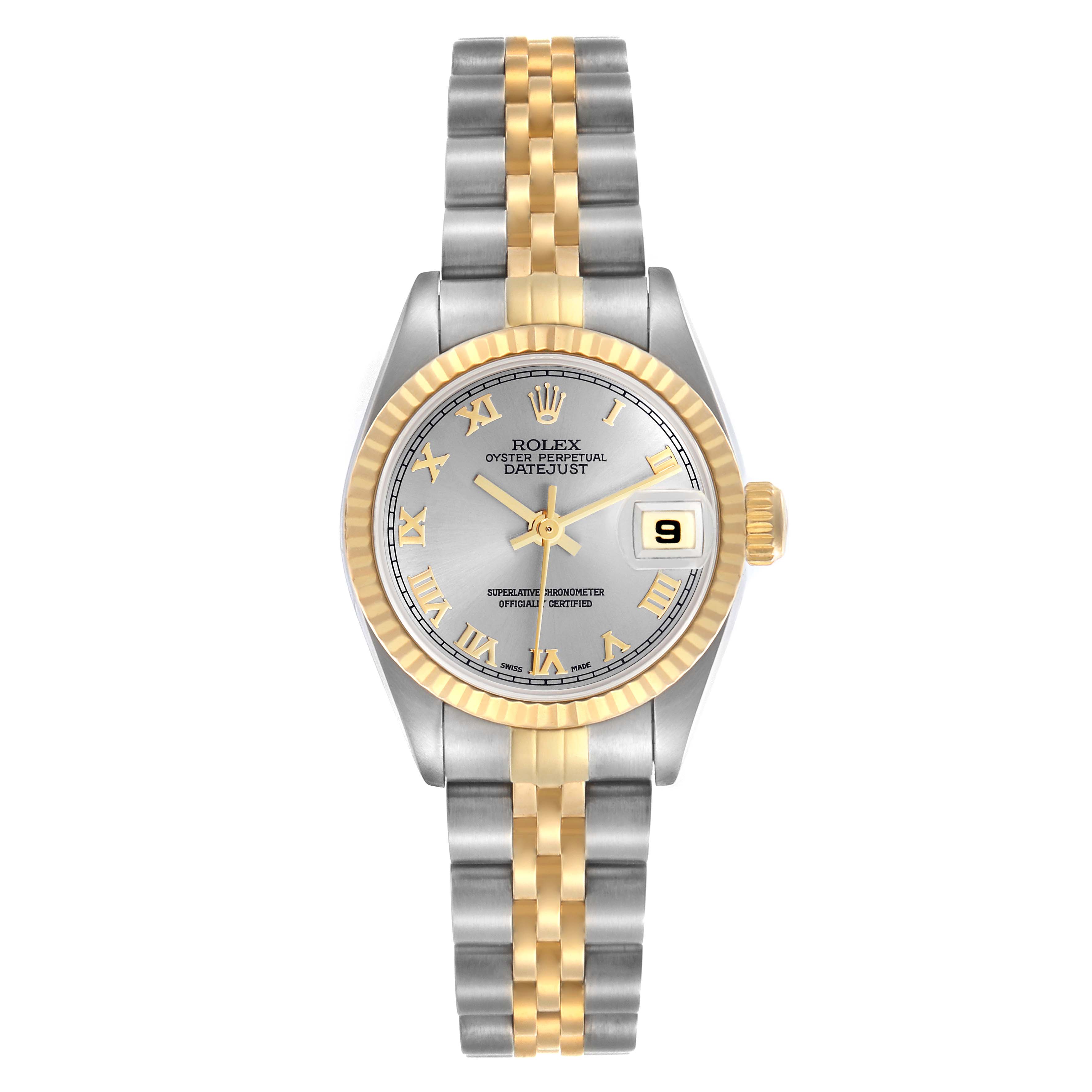 The Rolex Datejust 69173 Women's Steel and Gold (two tone) Silver Dial 69173 Women's Steel and Gold (two tone) Silver Dial watch is shown from a top view, highlighting the face, bezel, and two-tone bracelet.