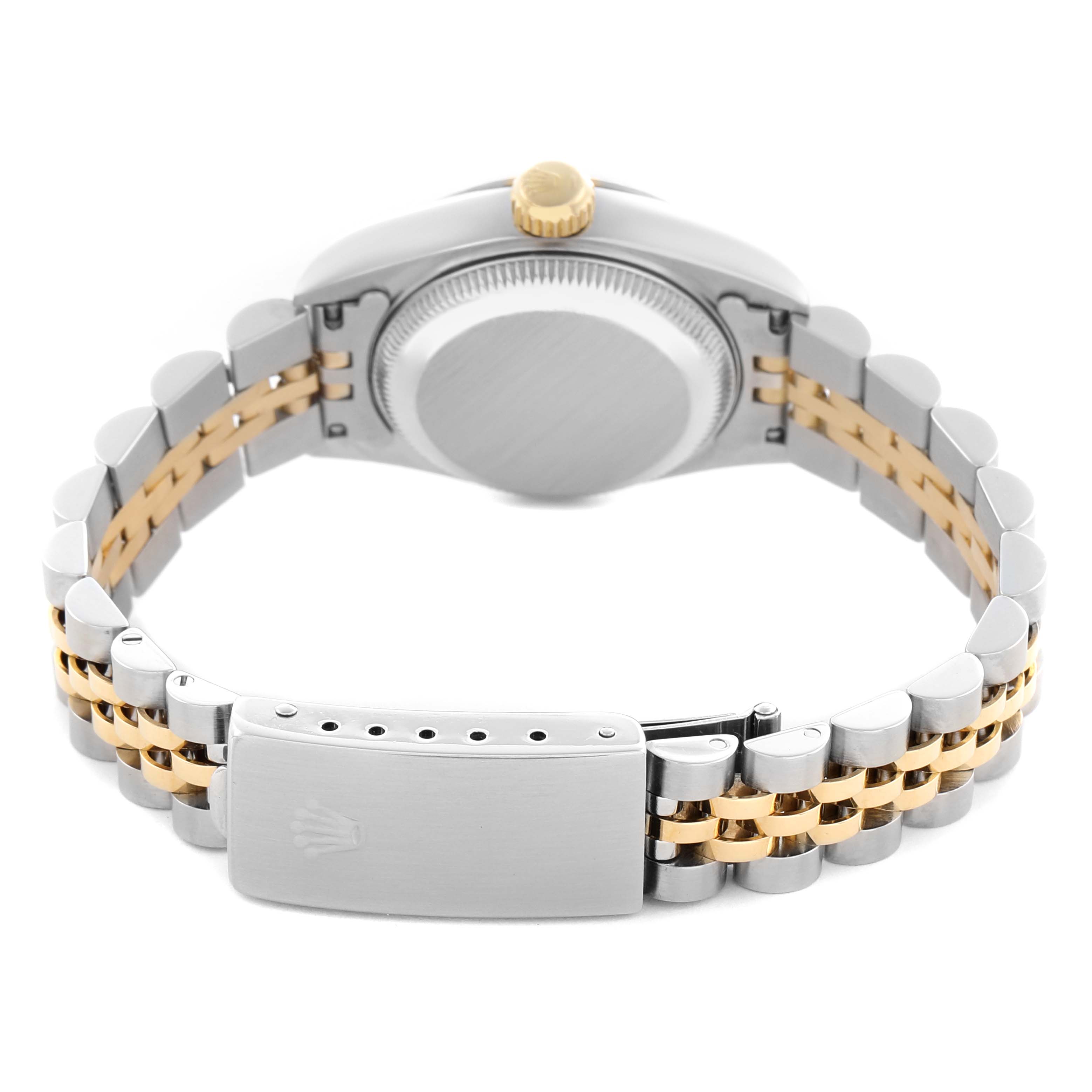 The image shows the back of a Rolex Datejust 69173 Women's Steel and Gold (two tone) Silver Dial 69173 Women's Steel and Gold (two tone) Silver Dial, highlighting the case back, crown, and two-tone bracelet with a clasp.