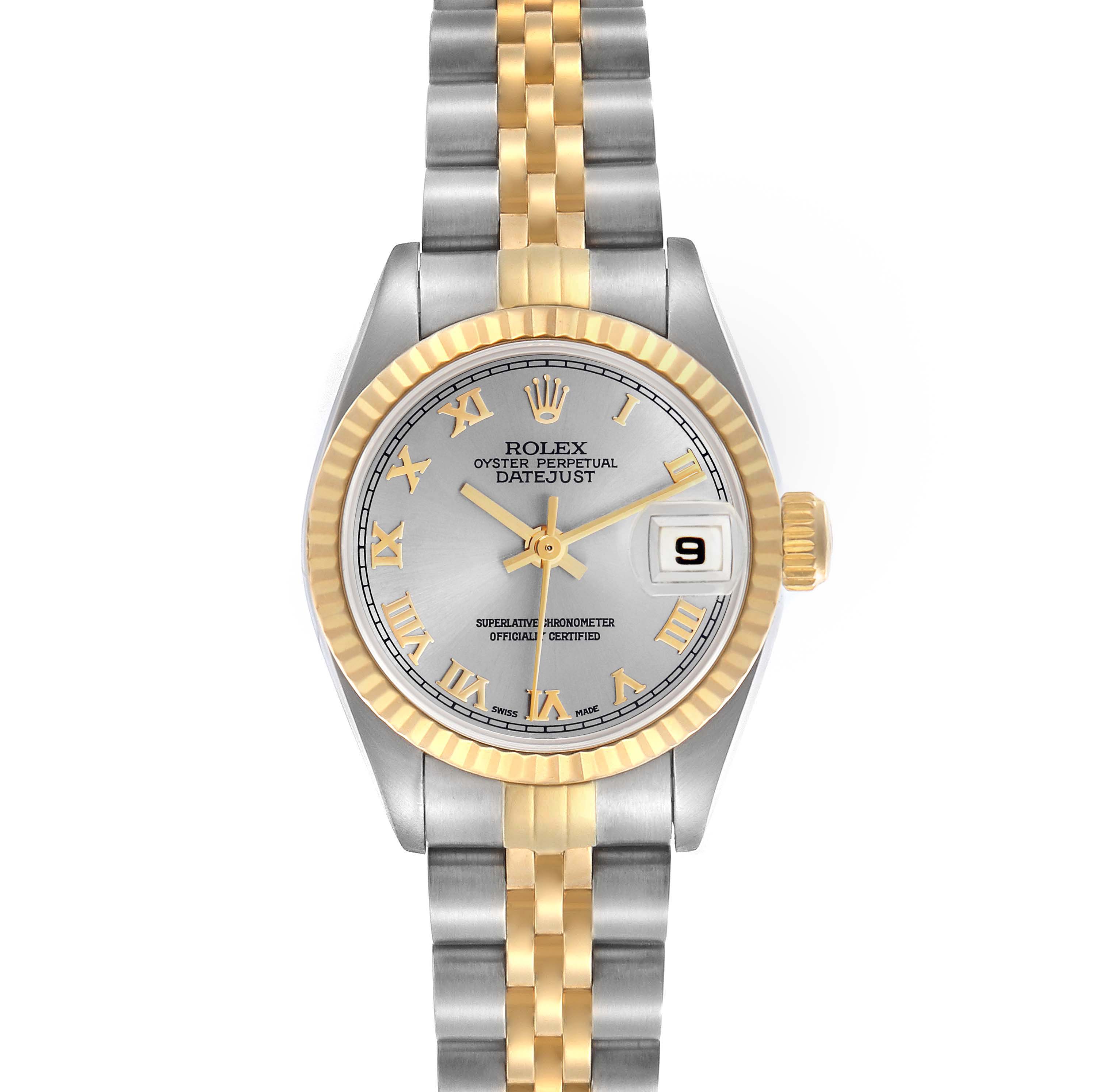 The image shows a top view of a Rolex Datejust 69173 Women's Steel and Gold (two tone) Silver Dial 69173 Women's Steel and Gold (two tone) Silver Dial, highlighting its two-tone bracelet, fluted bezel, and dial with date display.