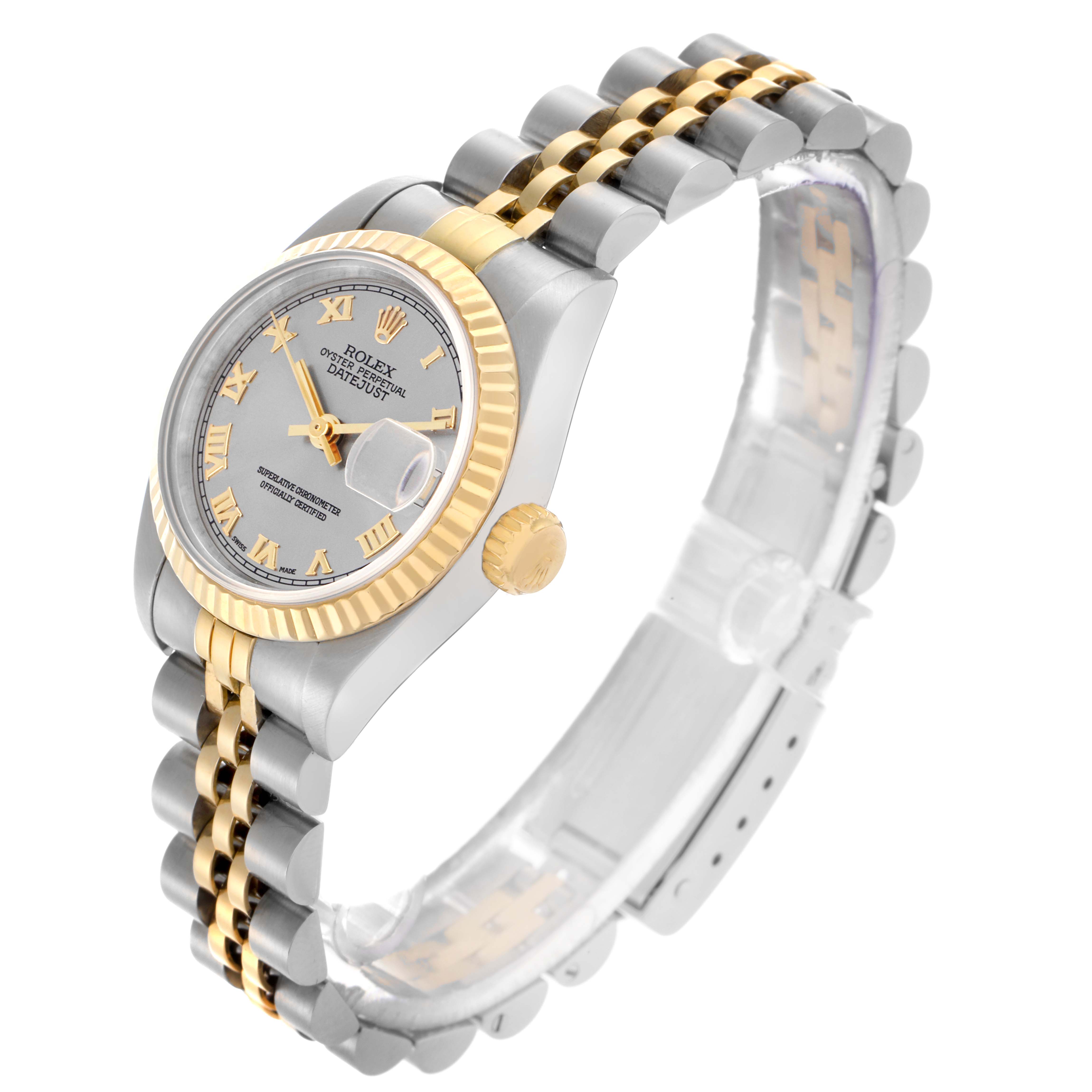 The Rolex Datejust 69173 Women's Steel and Gold (two tone) Silver Dial 69173 Women's Steel and Gold (two tone) Silver Dial watch is shown at an angle displaying the face, bezel, crown, and part of the bracelet.