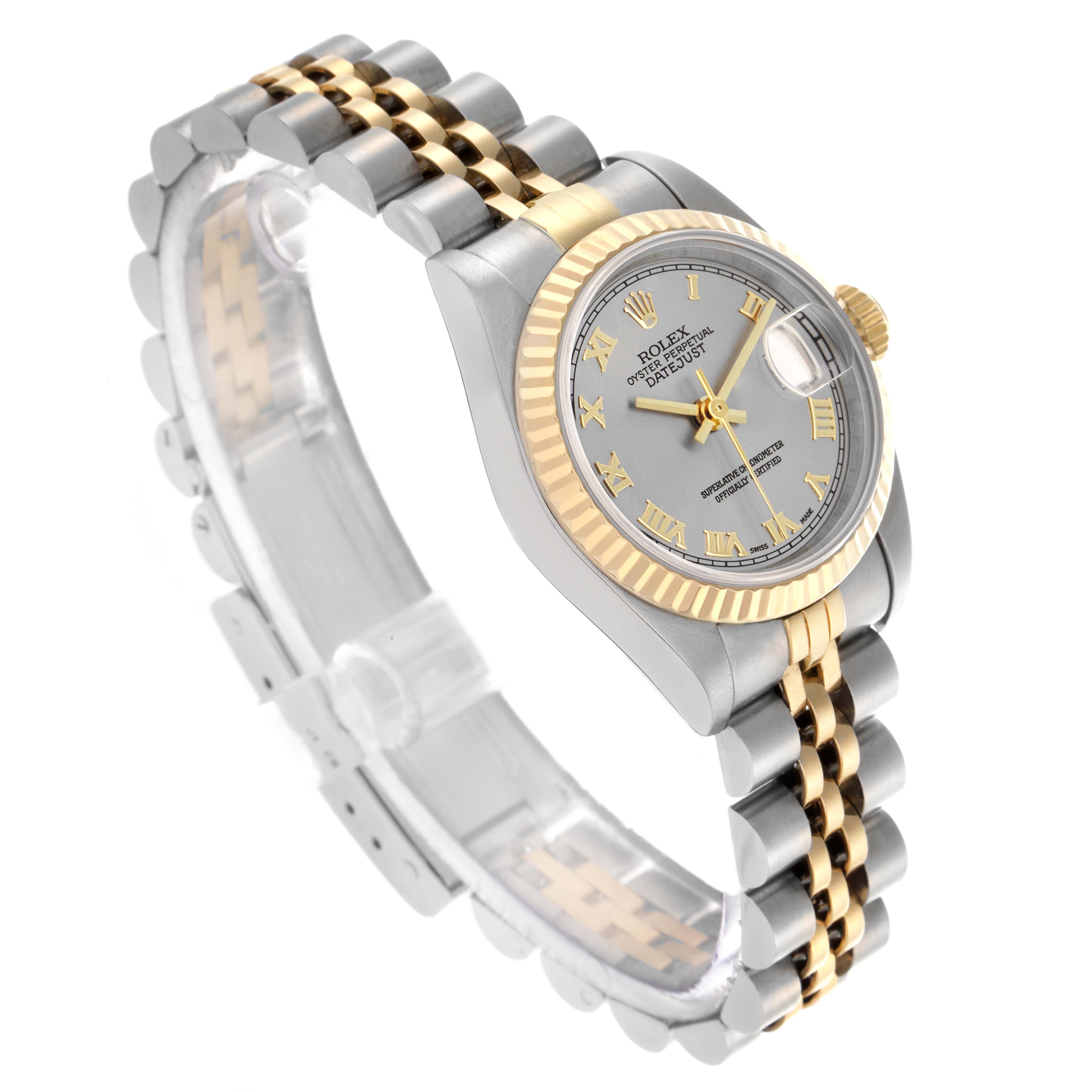 The Rolex Datejust 69173 Women's Steel and Gold (two tone) Silver Dial 69173 Women's Steel and Gold (two tone) Silver Dial is shown at a high-angle view, highlighting the fluted bezel, jubilee bracelet, and dial with Roman numerals.