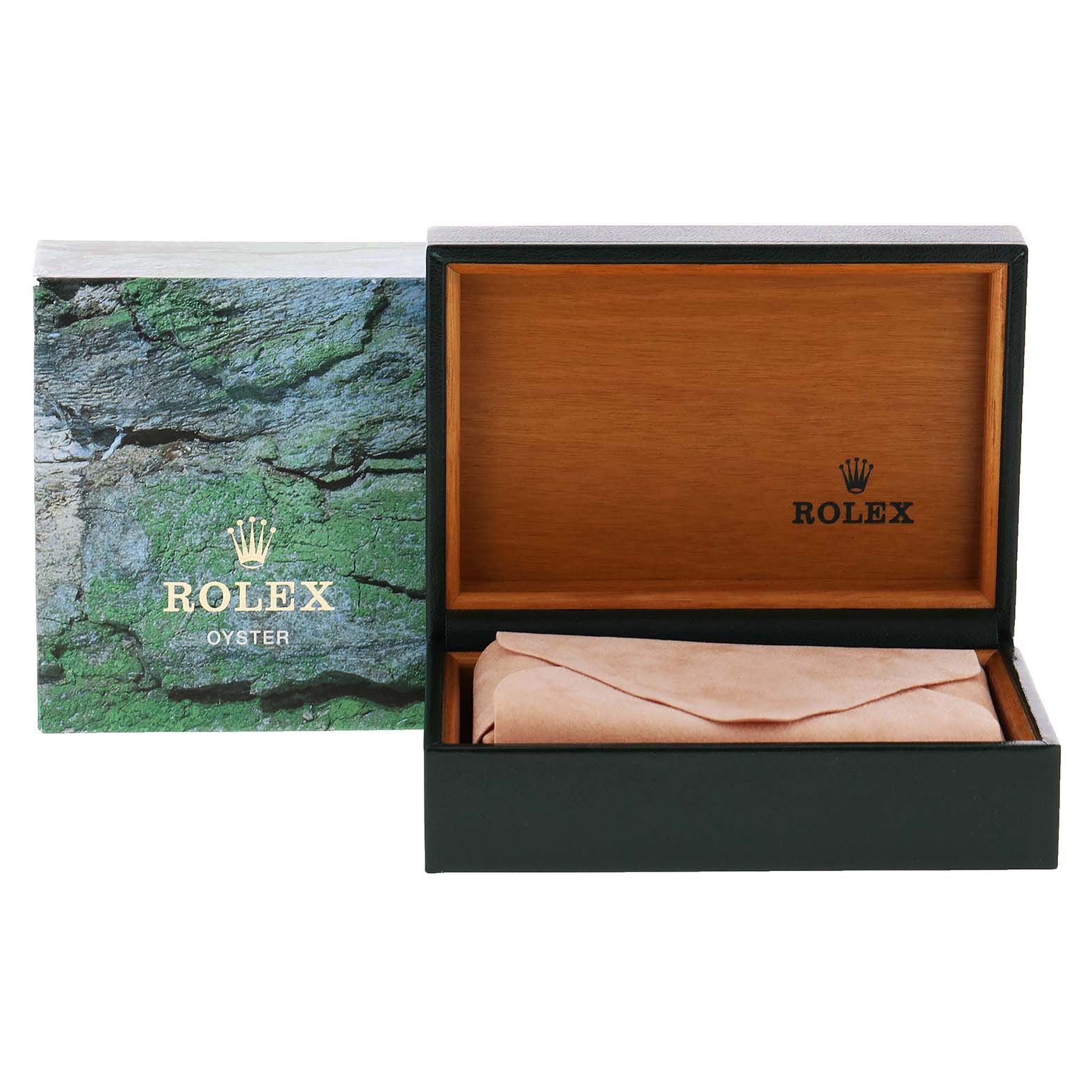 The image shows an open Rolex Datejust 16233 Men's Steel and Gold (two tone) Champagne Dial 16233 Men's Steel and Gold (two tone) Champagne Dial watch box with a green outer box and a wooden interior.