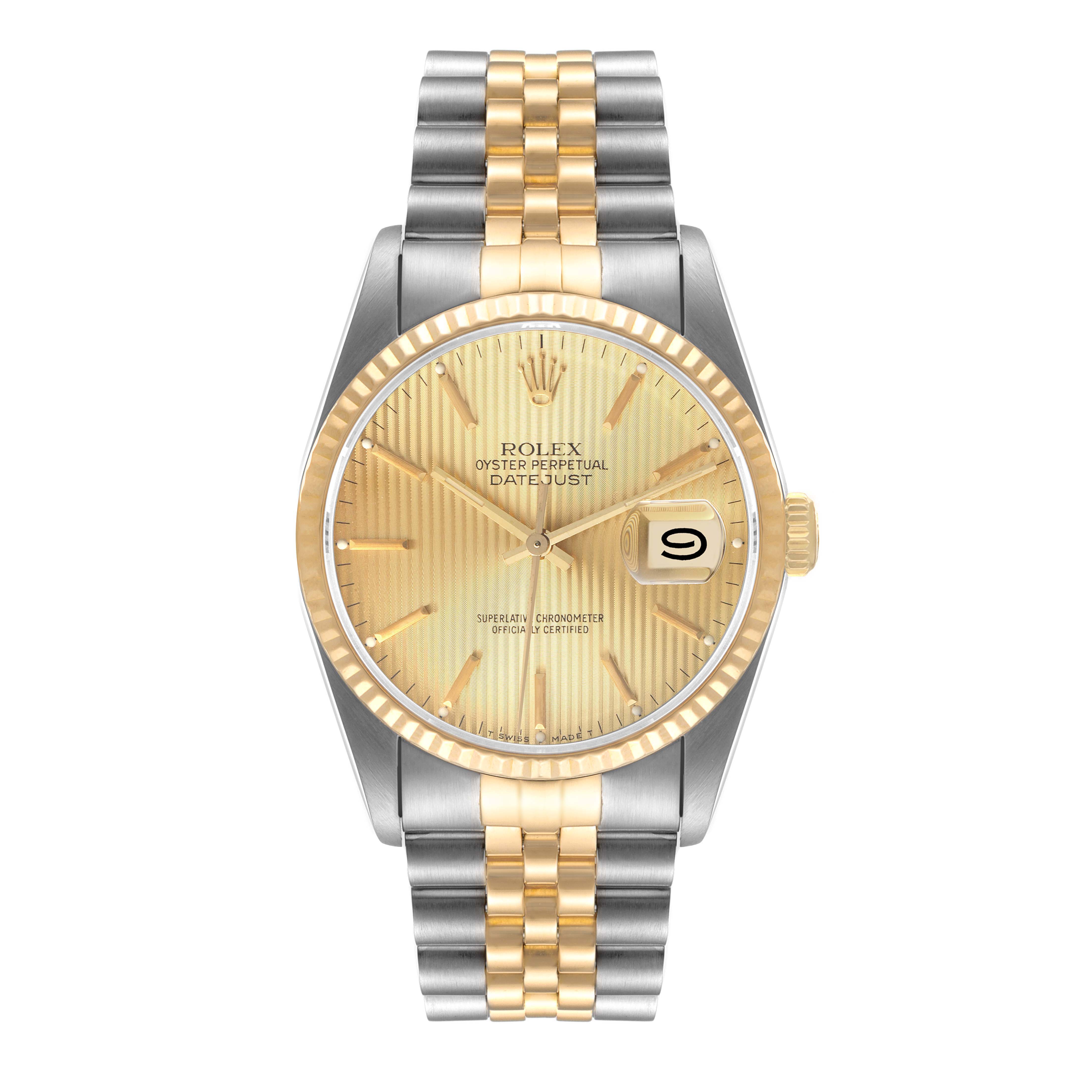 This image shows a front view of a gold and silver Rolex Datejust 16233 Men's Steel and Gold (two tone) Champagne Dial 16233 Men's Steel and Gold (two tone) Champagne Dial watch, displaying its face, bezel, and part of its bracelet.